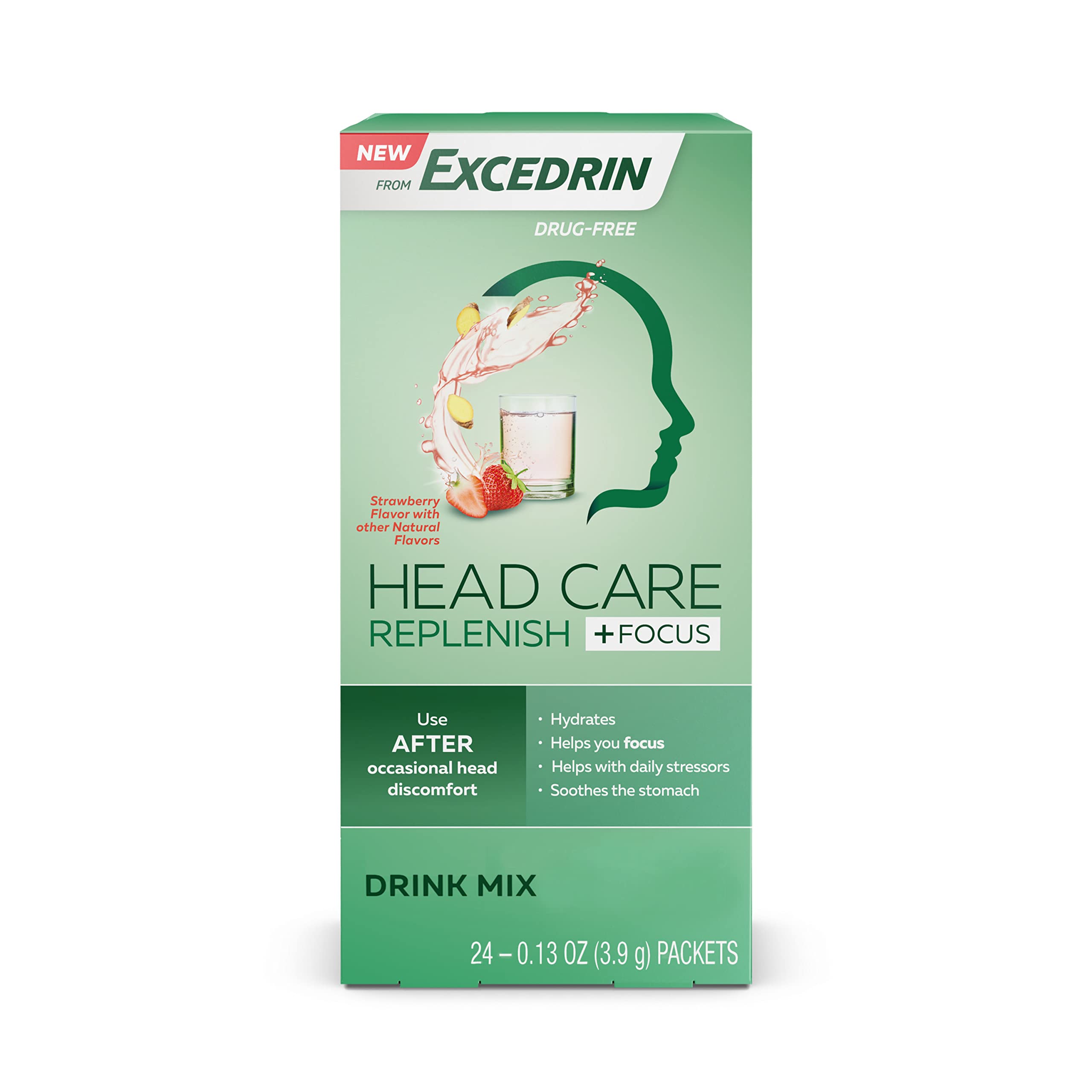 ExcedrinHead Care Replenish Plus Focus From Excedrin Drink Mix with Electrolytes, L-Theanine, Ginger and Caffeine for Head Health Support - 24 Packets