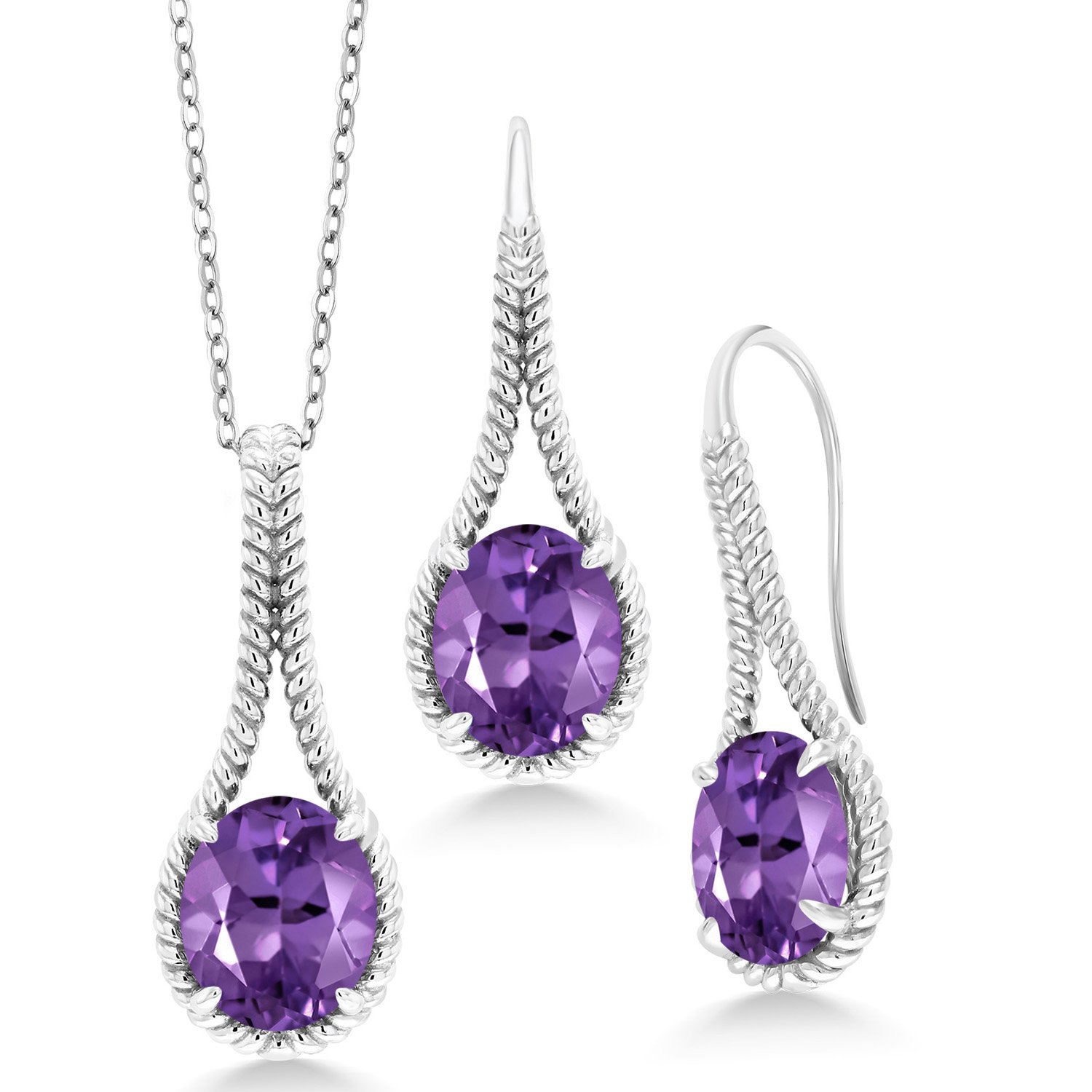 Gem Stone King925 Sterling Silver Purple Amethyst Pendant Earrings Set For Women (12.00 Cttw, Gemstone Birthstone, With 18 Inch Silver Chain), Metal Gemstone, Amethyst