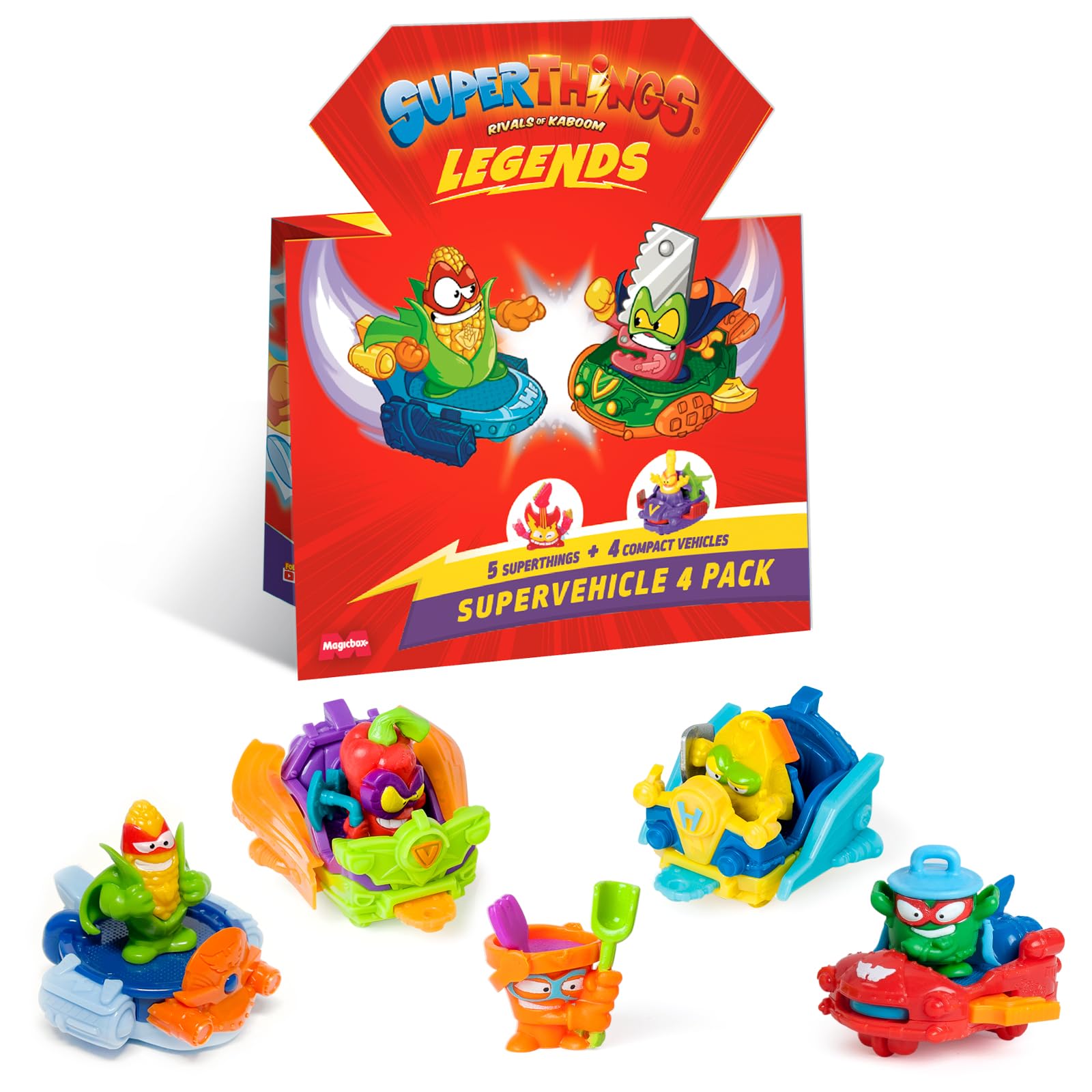 SUPERTHINGS LEGENDS - Super Vehicles 4 Pack. Assorted pack of the most legendary SuperThings characters. Includes 5 SuperThings and 4 vehicles. Contains products from series 1-9