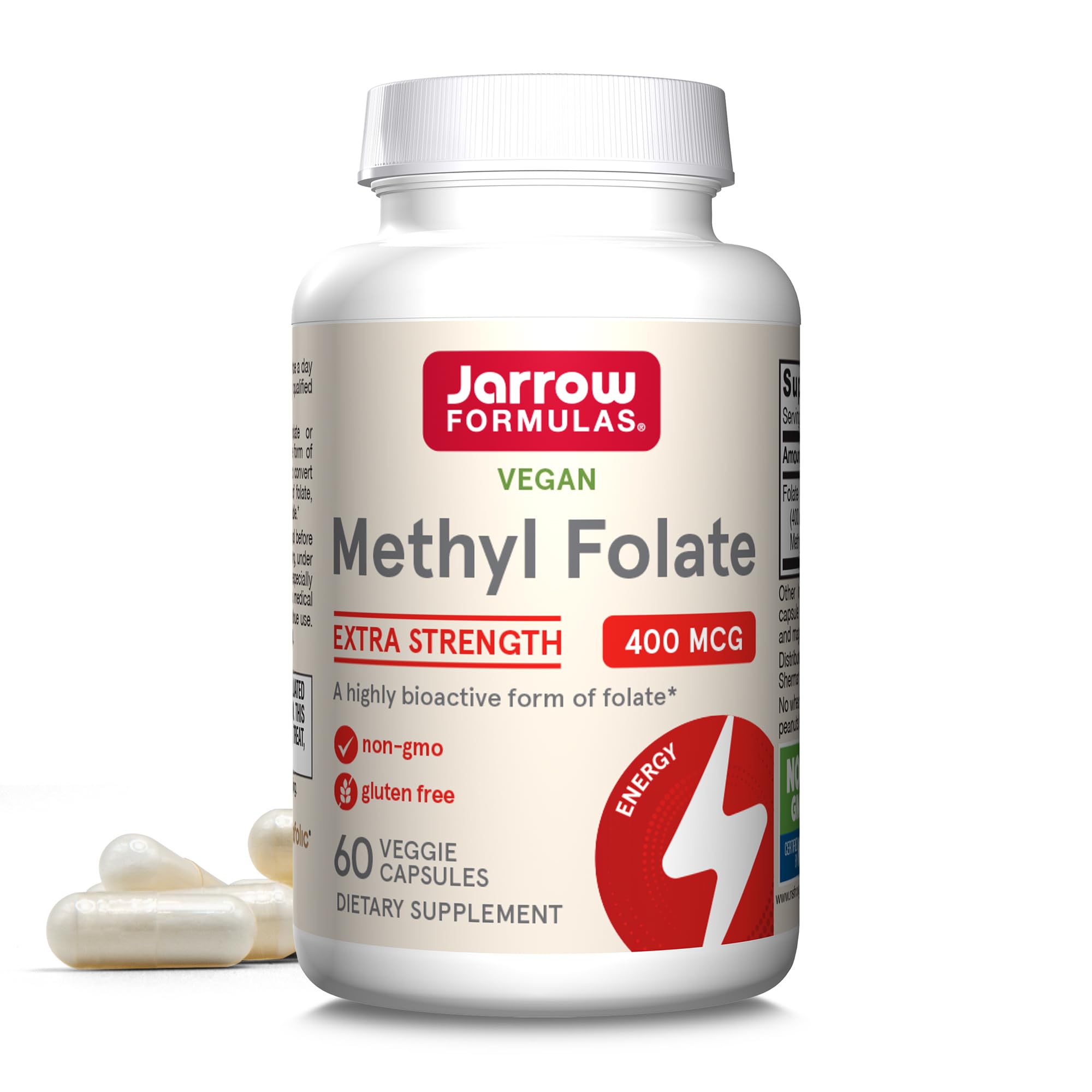 Jarrow Formulas Extra Strength Methyl Folate 400 mcg, Dietary Supplement for Cardiovascular and Neurologic Health Support, 60 Veggie Capsules, 60 Day Supply