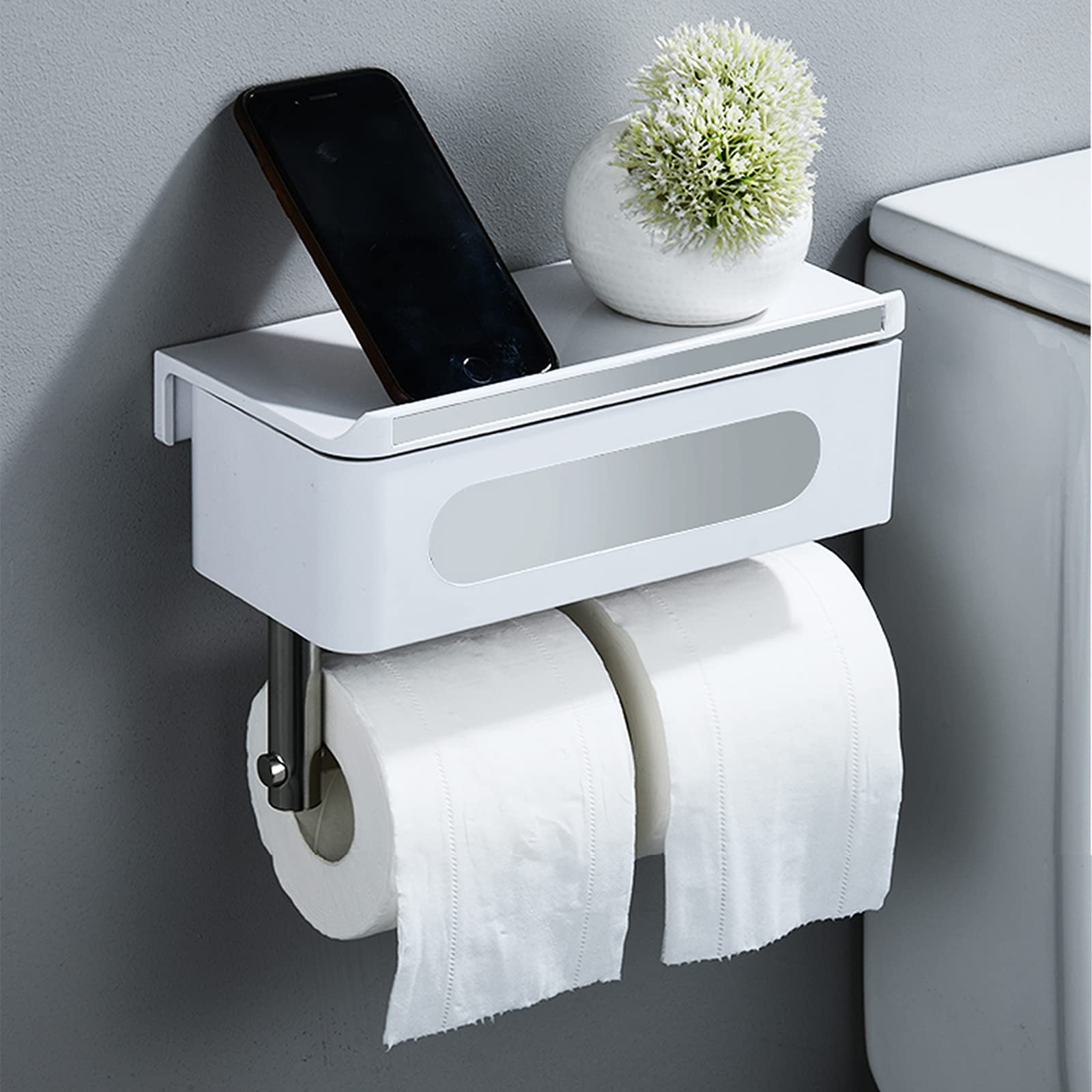 Toilet Paper Holder with Shelf, Flushable Wipes Dispenser Fits for Bathroom Wipe Storage, Keep Your Wipes Hidden Out of Sight, Drill-Free-Mount Organizer