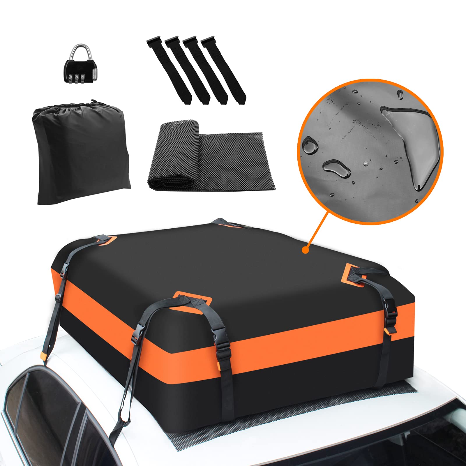 Car Roof Bag,19 Cubic Feet Cargo Carrier, Waterproof Soft-Shell Roof Top Luggage Bag with Anti-Slip Mat, 8 Reinforced Straps, 4 Door Hooks and 1 Luggage Lock for All Vehicles SUV with/without Rack