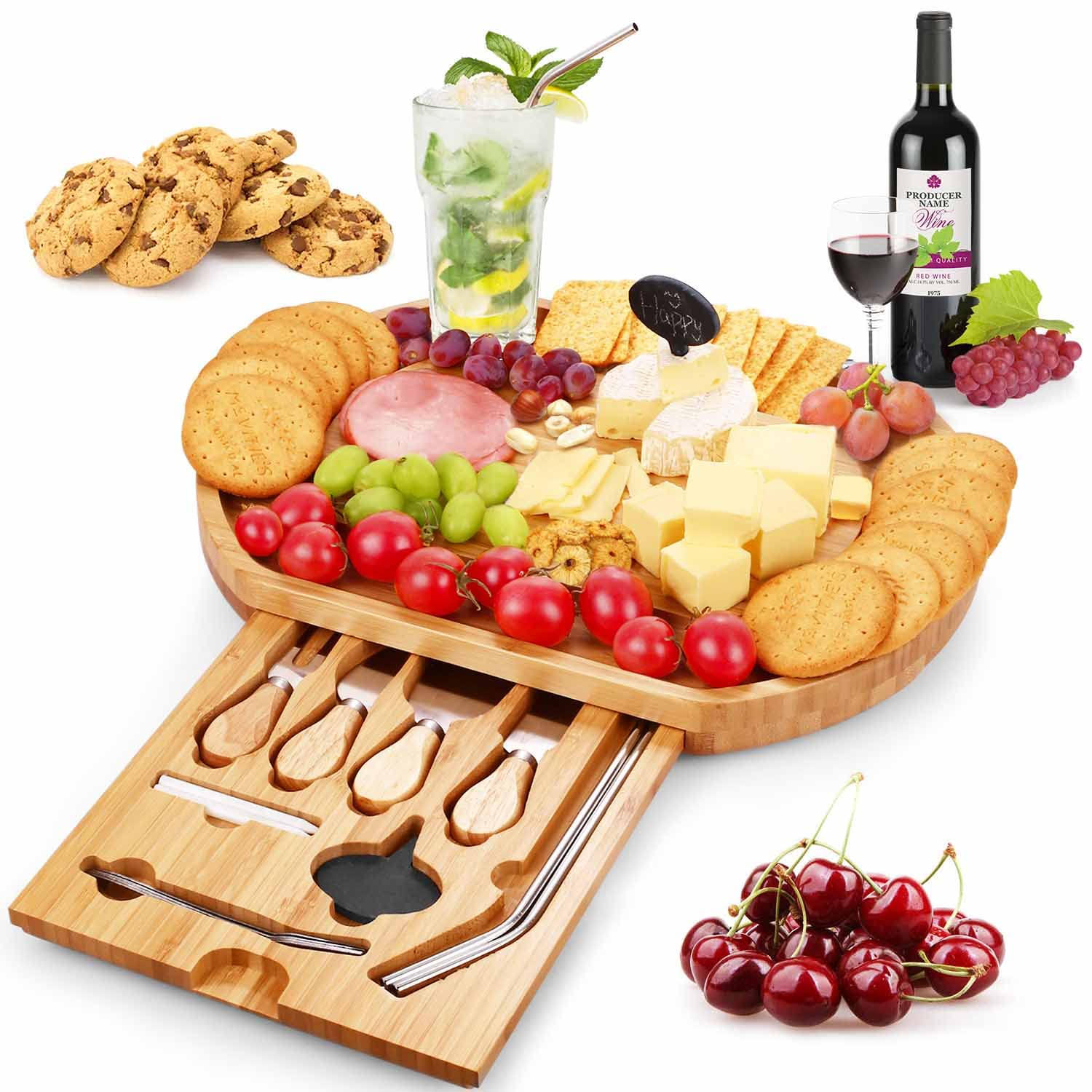 Duerer Cheese Board Set, Meat and Cheese Tray with Cutlery in Slide-Out Drawer - Bamboo Charcuterie Platter for Crackers, Brie and Meat - Best Gift for Christmas, Valentine, Birthday