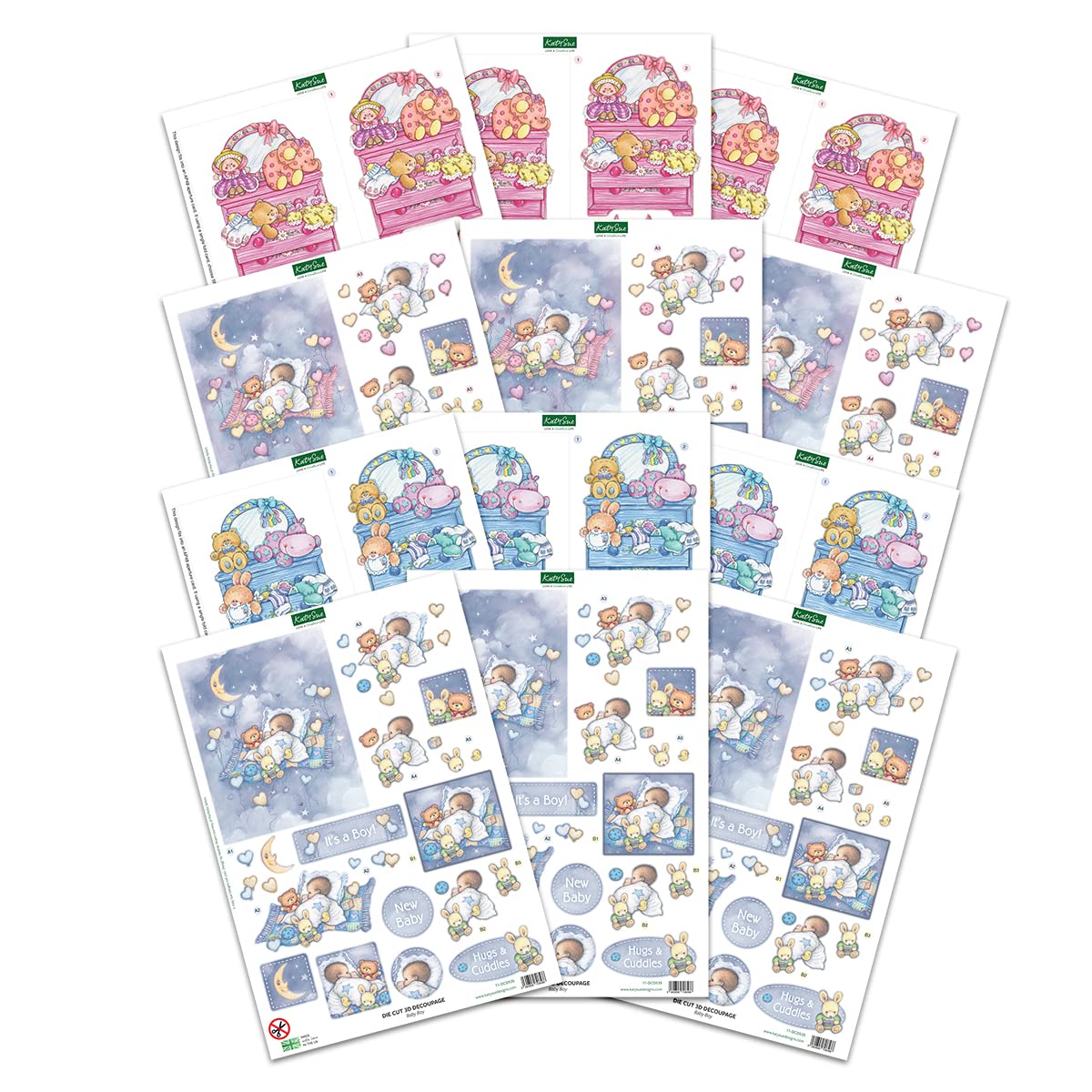 Katy Sue Baby-Themed Paper Tole 3D Die Cut Decoupage Selection Pack. Contains 12 Die-Cut Sheets in Letter Size (4 Designs, 3 Copies of Each Design). for New Baby-Themed Card Making & Crafts.