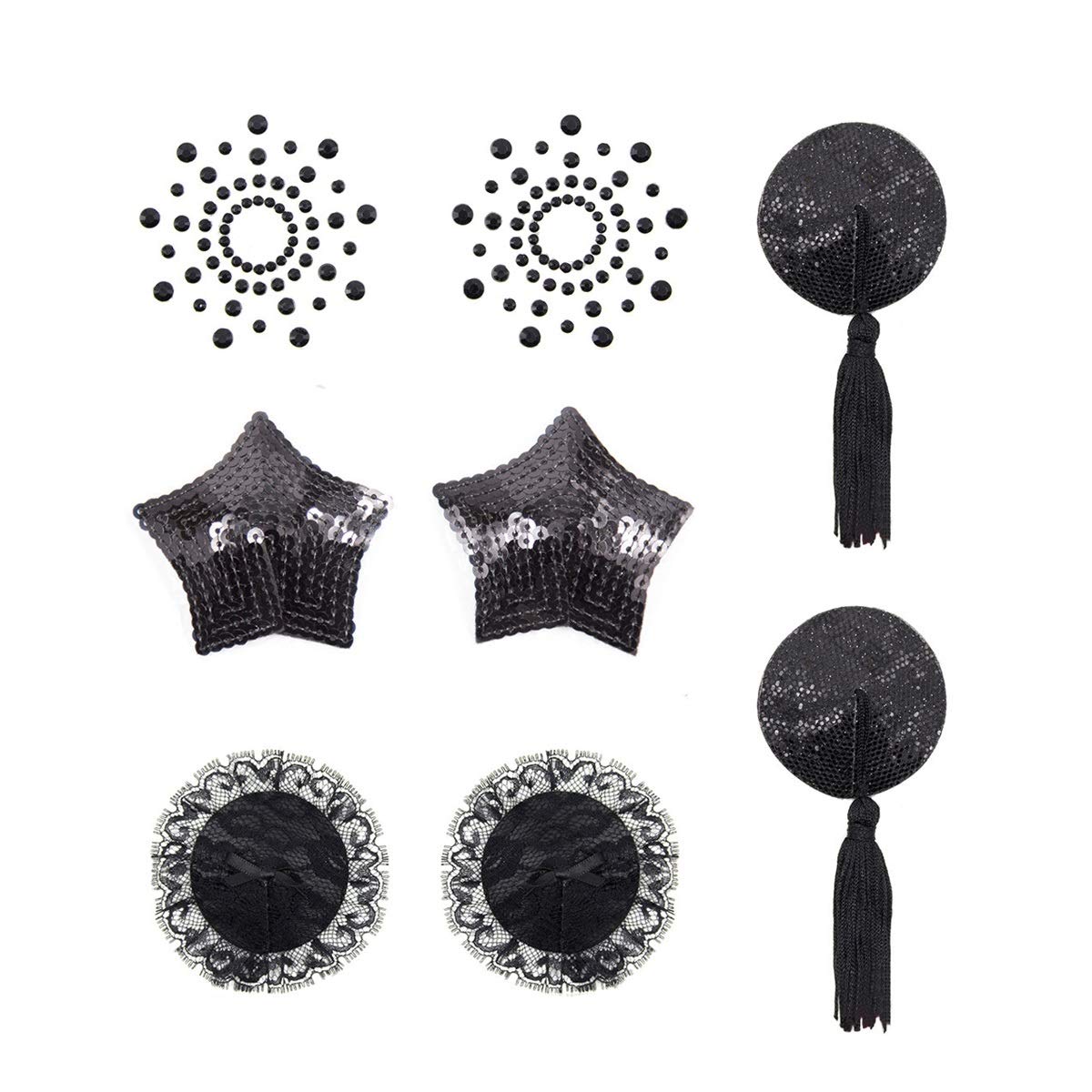 EQLEFBreast Paste Self Adhesive Pasties Sequin Nipple Cover Stickers with Tassel Lingerie Breast Petal Pasty 4 Styles -Black(Black)(Size: One Size)