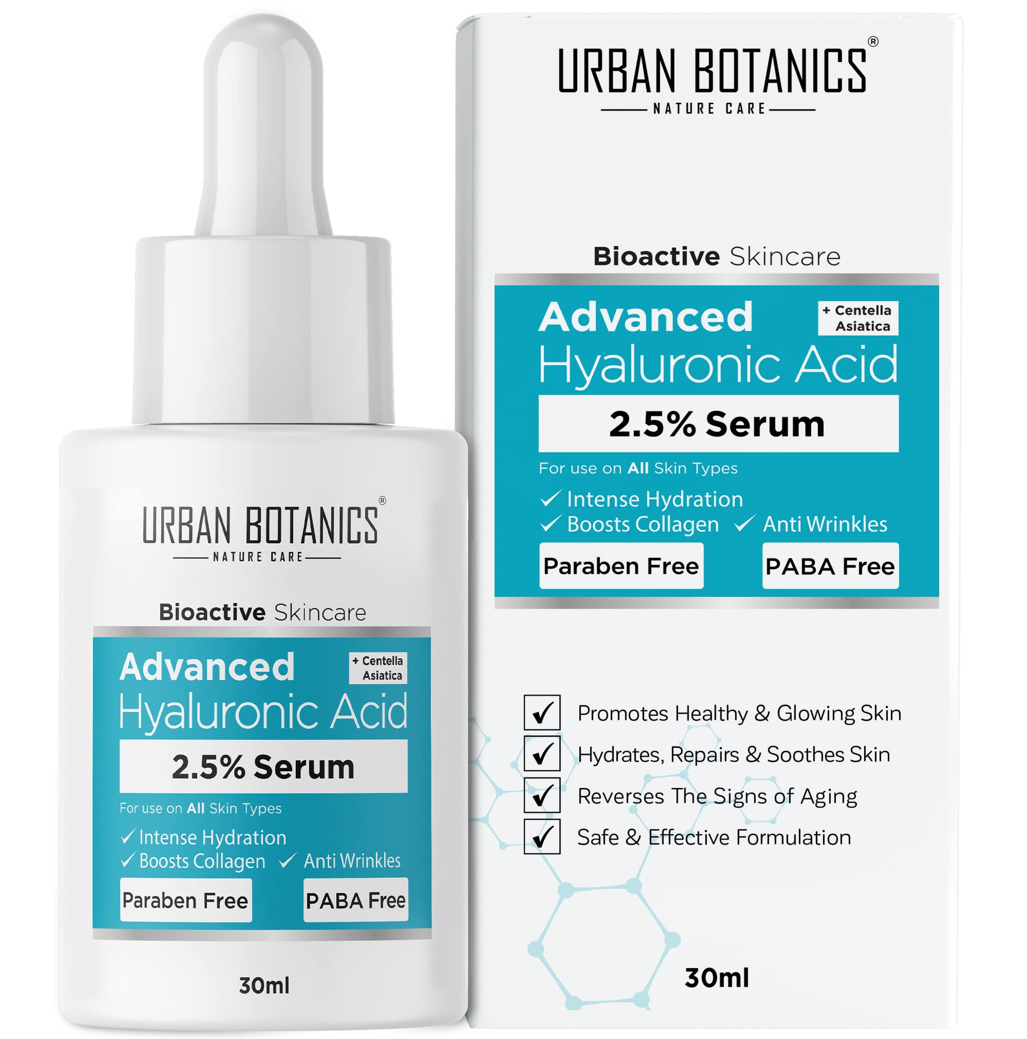 UrbanBotanics 2.5% Hyaluronic Acid Serum for Intense Hydration, Glowing Skin & Fines Lines | Daily Hydrating Face Serum For Women & Men with Dry, Normal & Oily Skin, 30 ml