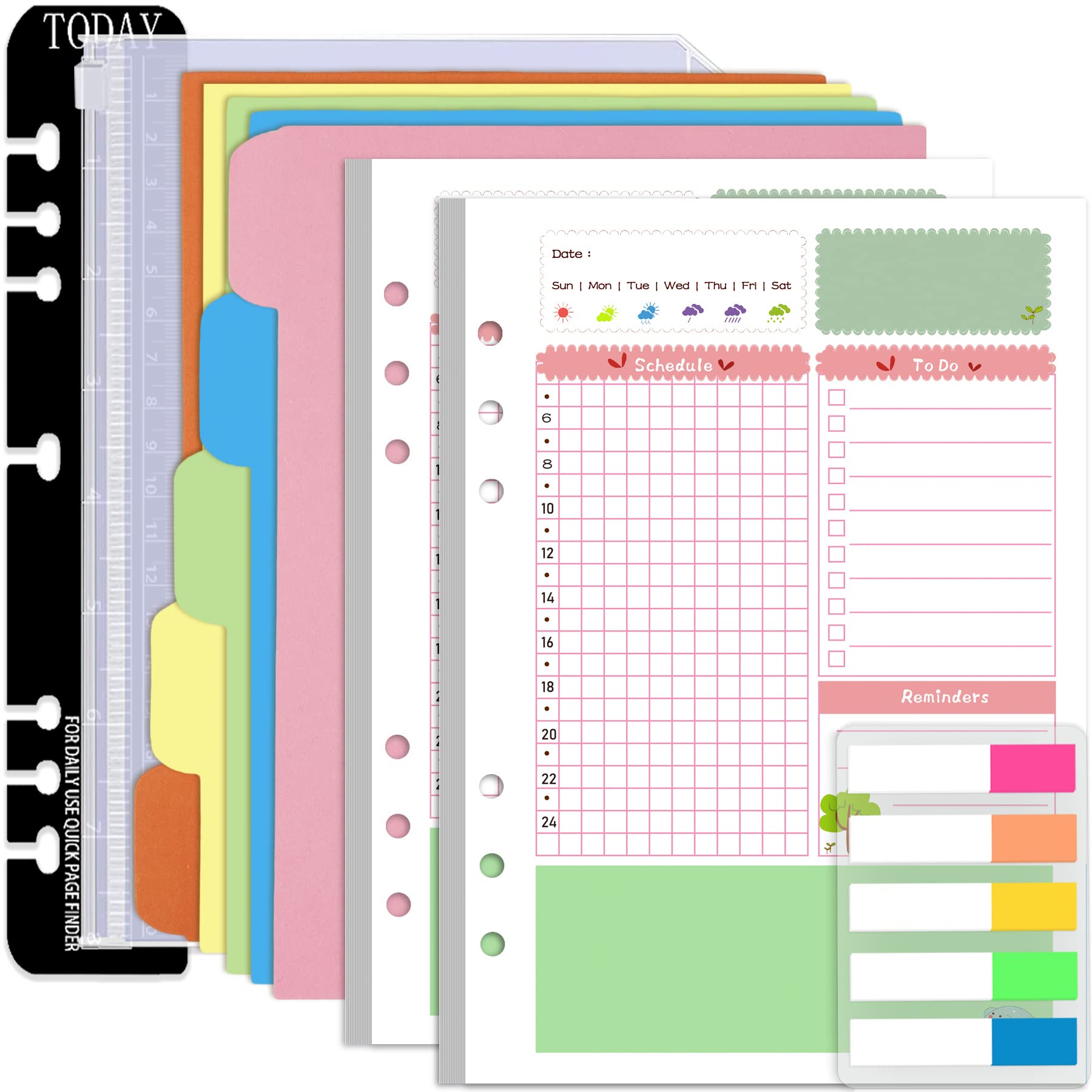 Rancco A5 Refill Paper, Colorful 6-Rings Binder Papers Refill, Filofax Notebook Inserts Refills Loose-Leaf Binder Paper for Planner Journal Dairy,90 Pages,Double-Sided Writing,8.3x5.5", Daily Planner