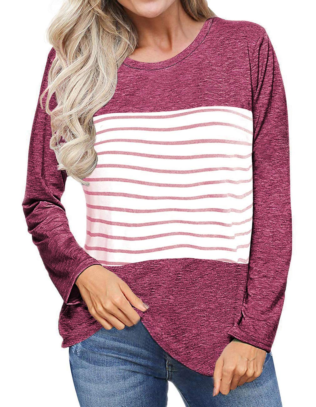 Sanifer Women's Casual Long Sleeve Color Block Striped T Shirts Tunic Tops Blouses