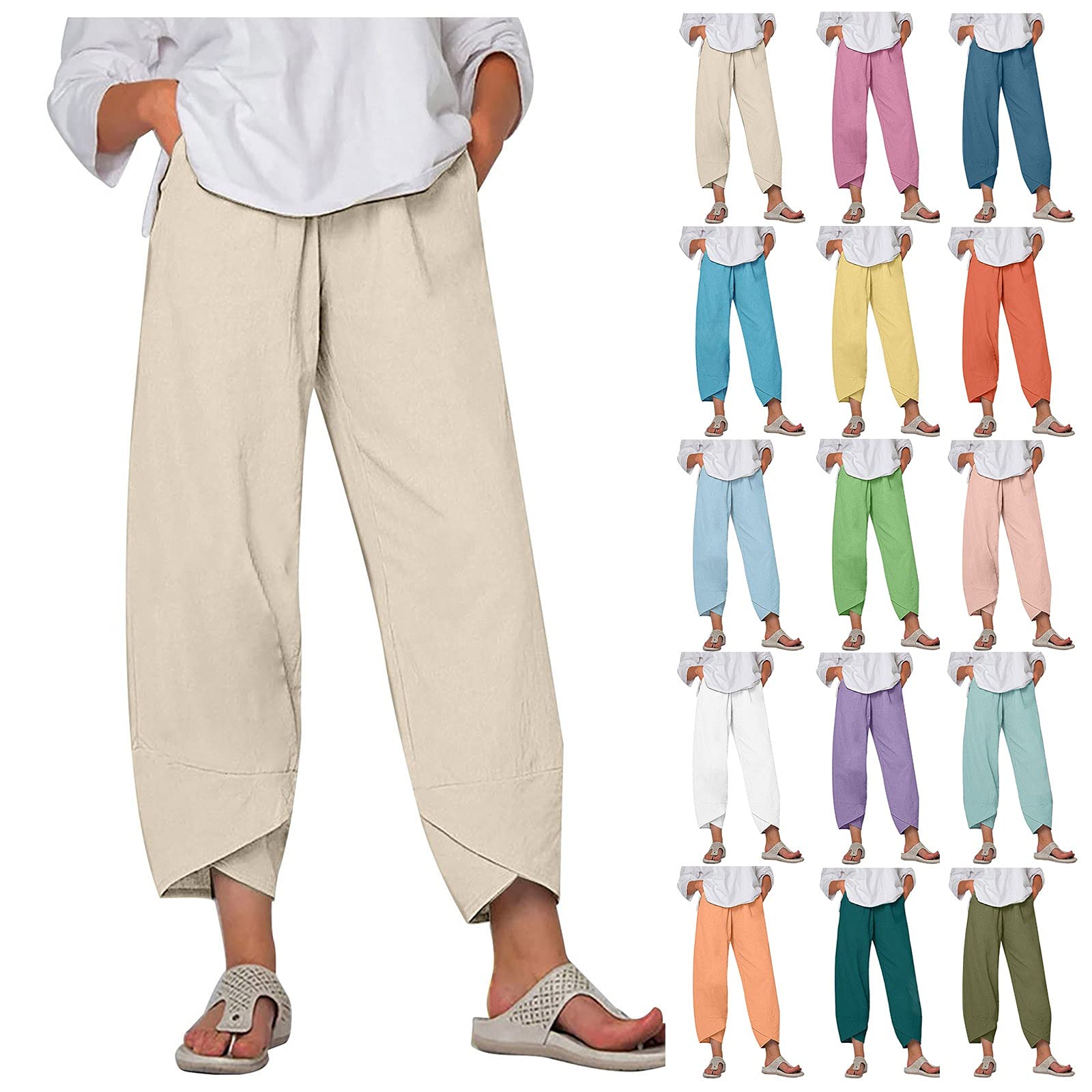 Women Cotton Linen Pants,Casual Pocket Elastic Waist Capri Loose Wide Leg Pants Comfy Yoga Pants Cropped Trouser