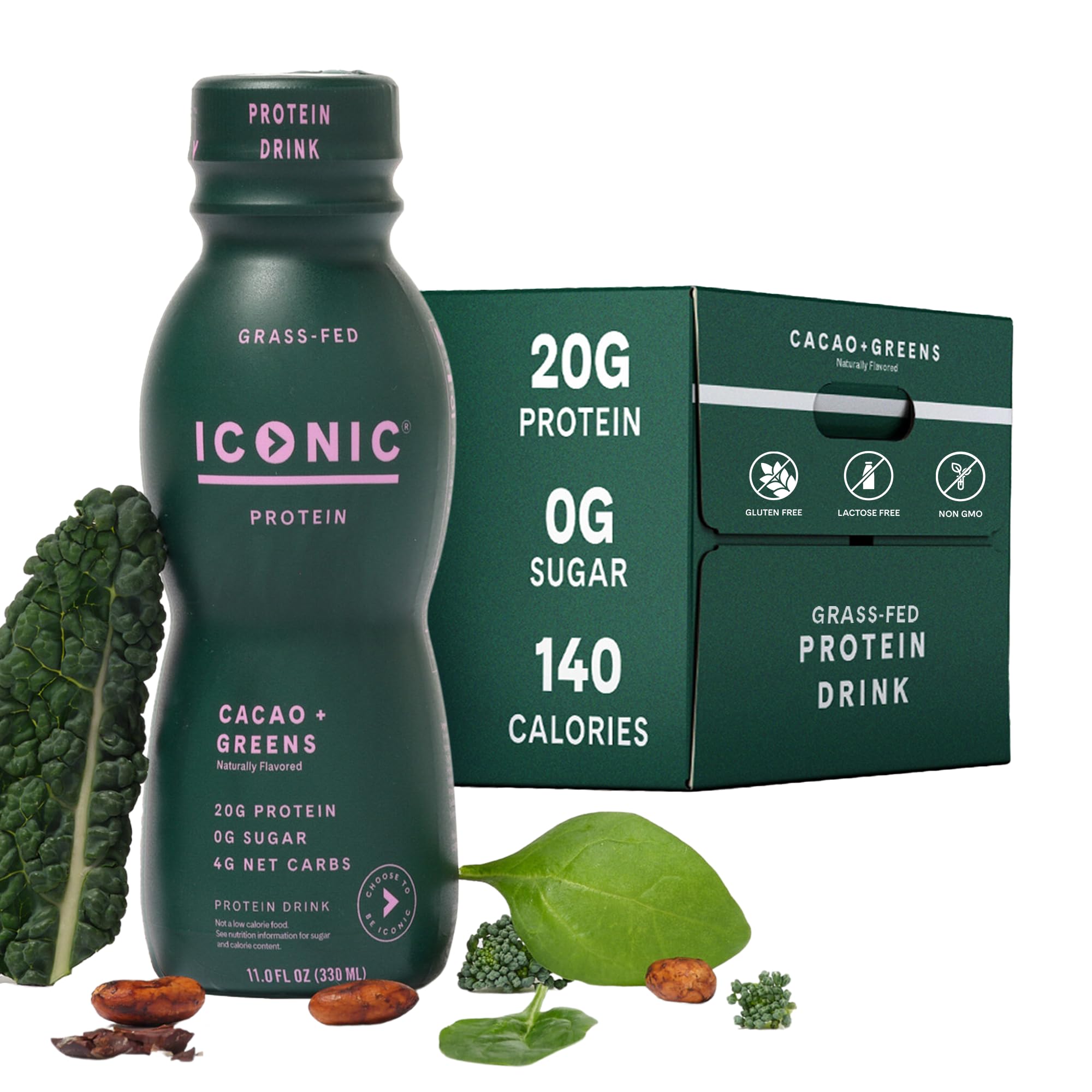 ICONICProtein Drinks, Cacao + Greens (12 Pack) - Sugarfree Protein Shakes with Organic Veggies & Unroasted Cacao - Low Carb, Lactose Free, Gluten Free, Soy Free - Keto Friendly