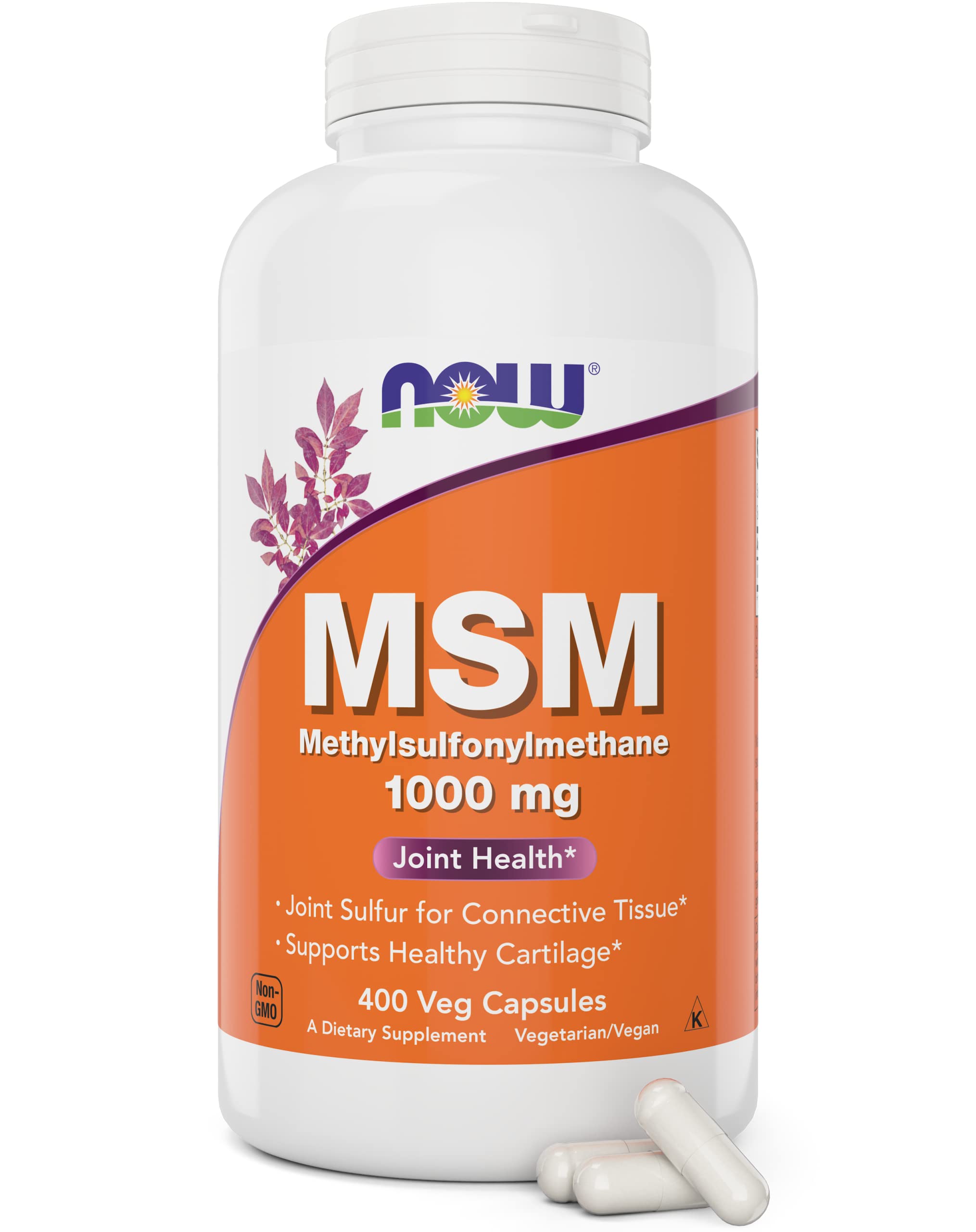 Now MSM 1000mg Veg Capsules, 400 Count Methyl-Sulphonyl-Methane, Made in USA, Sulfur Supplement, Joint Health, Non-GMO, Vegan Vegetarian Friendly