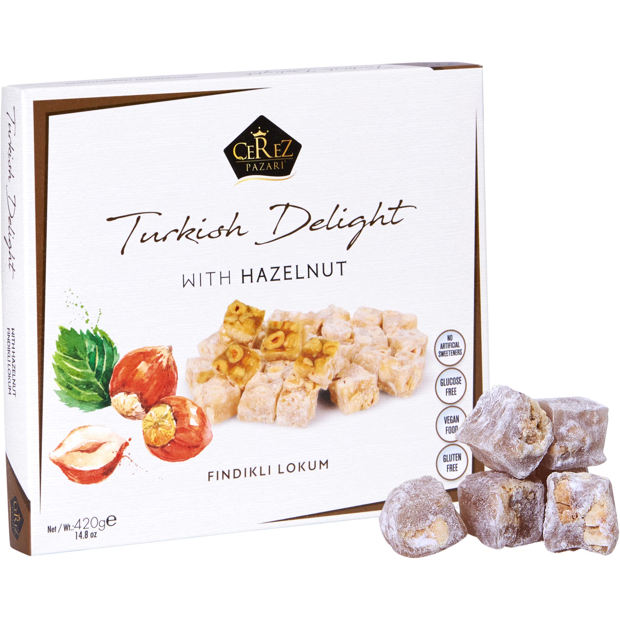 Cerez Pazari Turkish Delight Hazelnut Candy Gourmet Premium Vegan Sweets Medium Gift Box 14.8oz | Sweet Luxury Traditional Confectionery Soft Candy Dessert Glucose Free Lokum (Loukoumi) | Apprx.42 Pcs