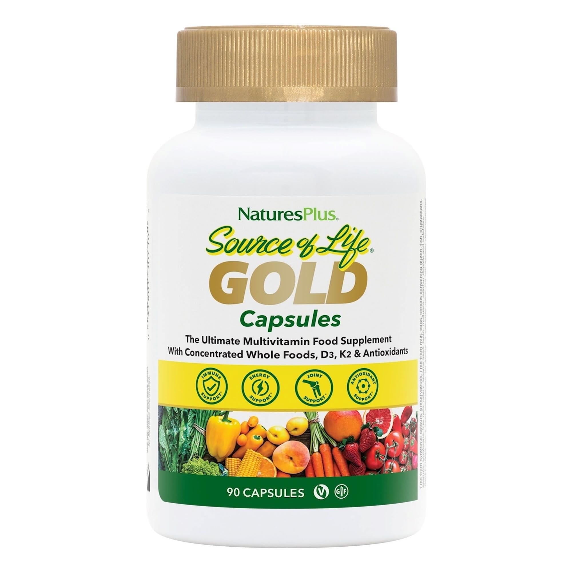 NaturesPlus Source of Life Gold Capsules - Complete Whole Food Multivitamin, Energy Booster, Immune Support - Gluten Free, Vegan - 90 Capsules