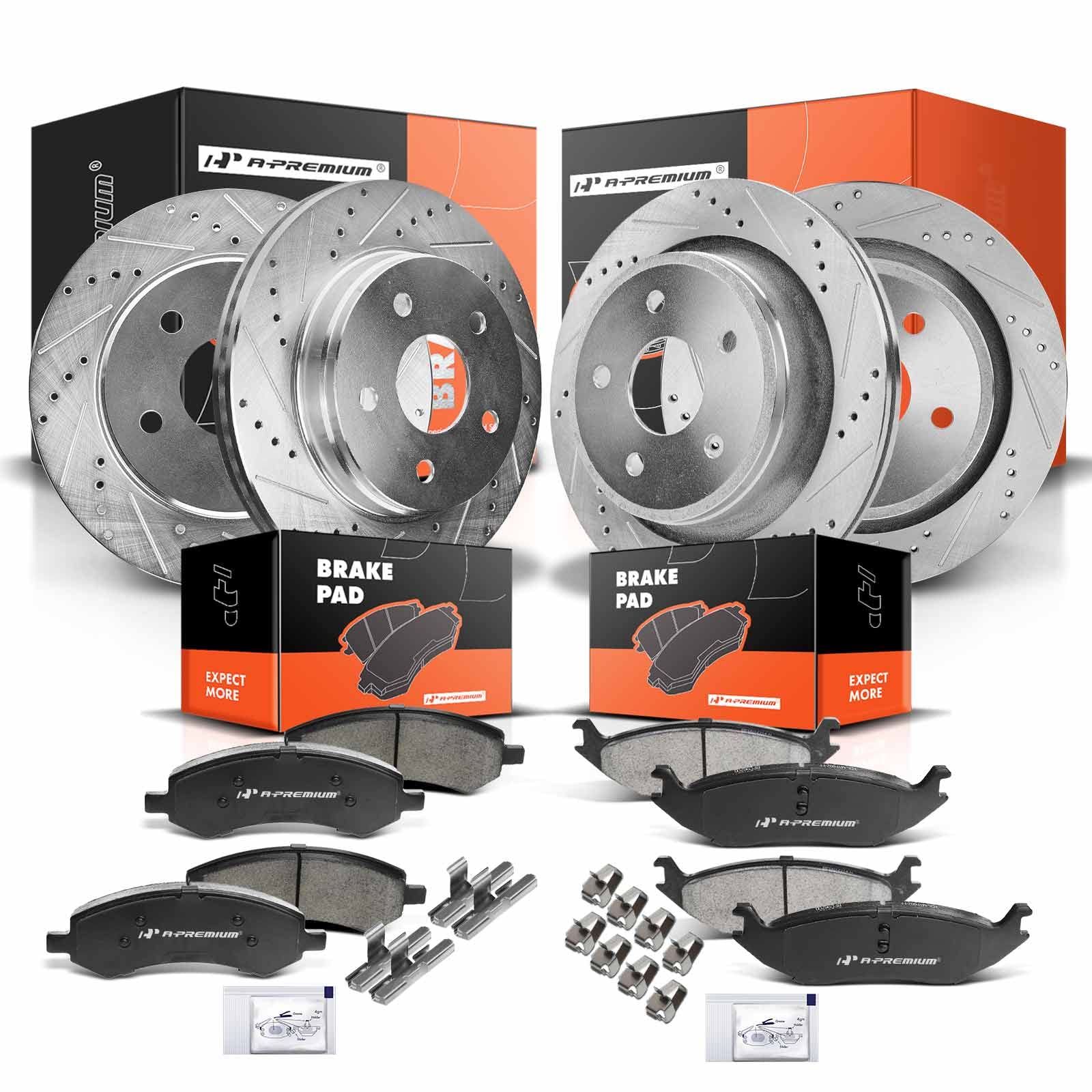 A-Premium Front & Rear Drilled and Slotted Disc Brake Rotors + Ceramic Pads Kit Compatible with Chrysler, Dodge and Ram Models - Ram 1500 2006-2010, 1500 2011-2018, Durango/Aspen 2007-2009, 12-PC Set