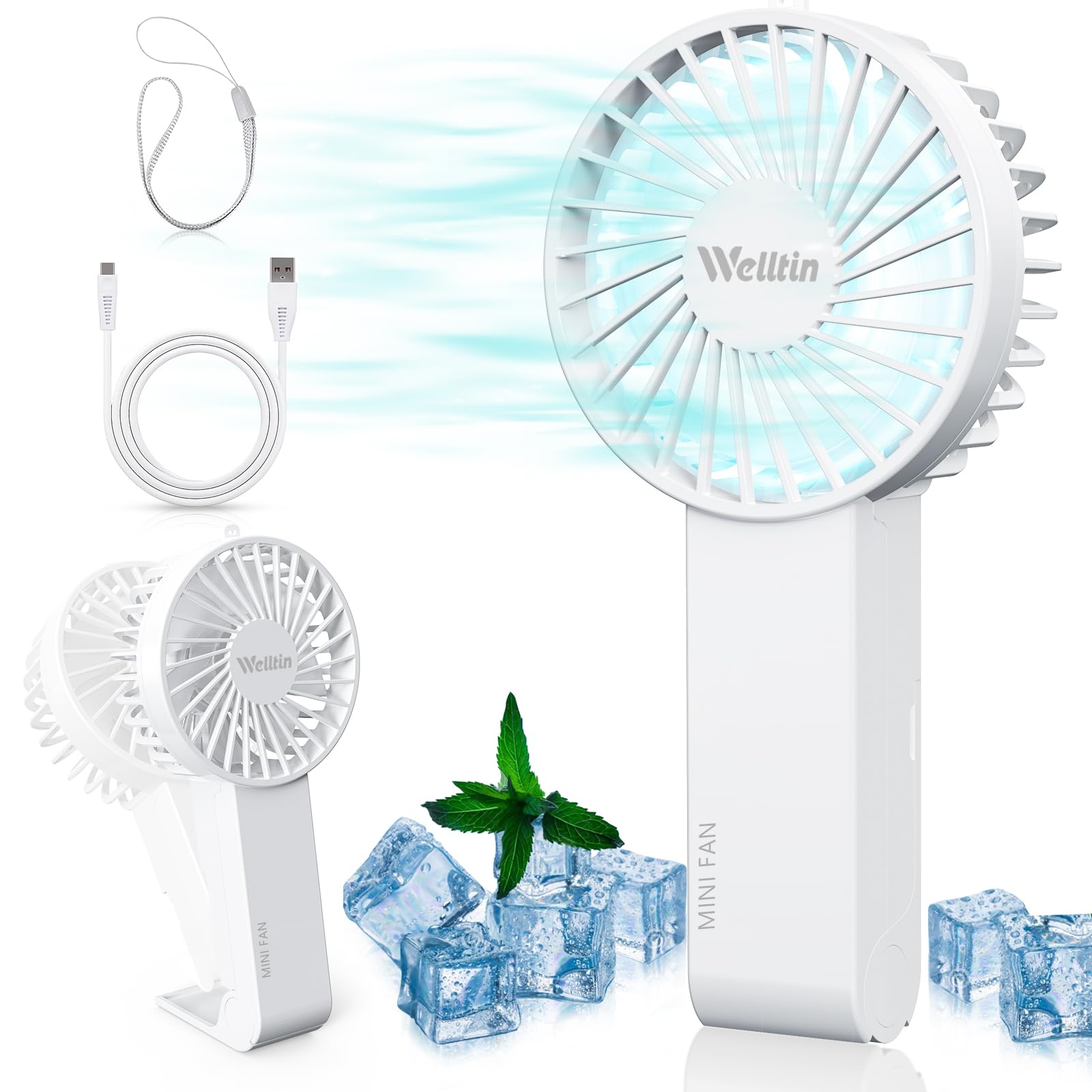 Welltin HandHeld Fan,Portable Mini Hand Fan with USB Rechargeable Battery, Powerful Desk Fan with 3 Speed for Office Home Outdoor Traveling White