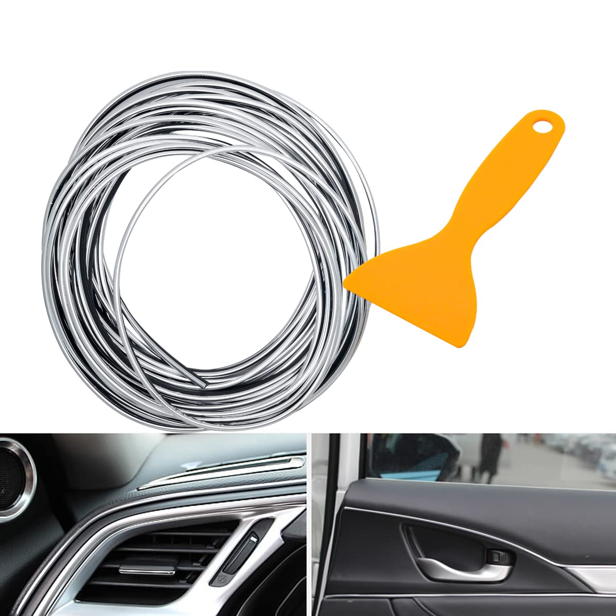 Maso Car Interior Moulding Trim, Universal Decoration Pinstriping Tape 10M Silver ABS 3D Strip with Tool