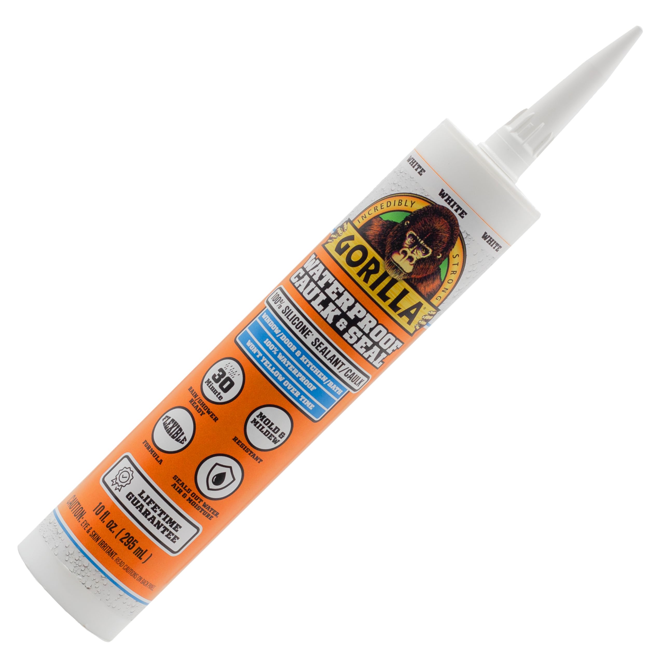 Gorilla Waterproof Caulk & Seal 100% Silicone Sealant, White, 10oz Cartridge (Pack of 1)