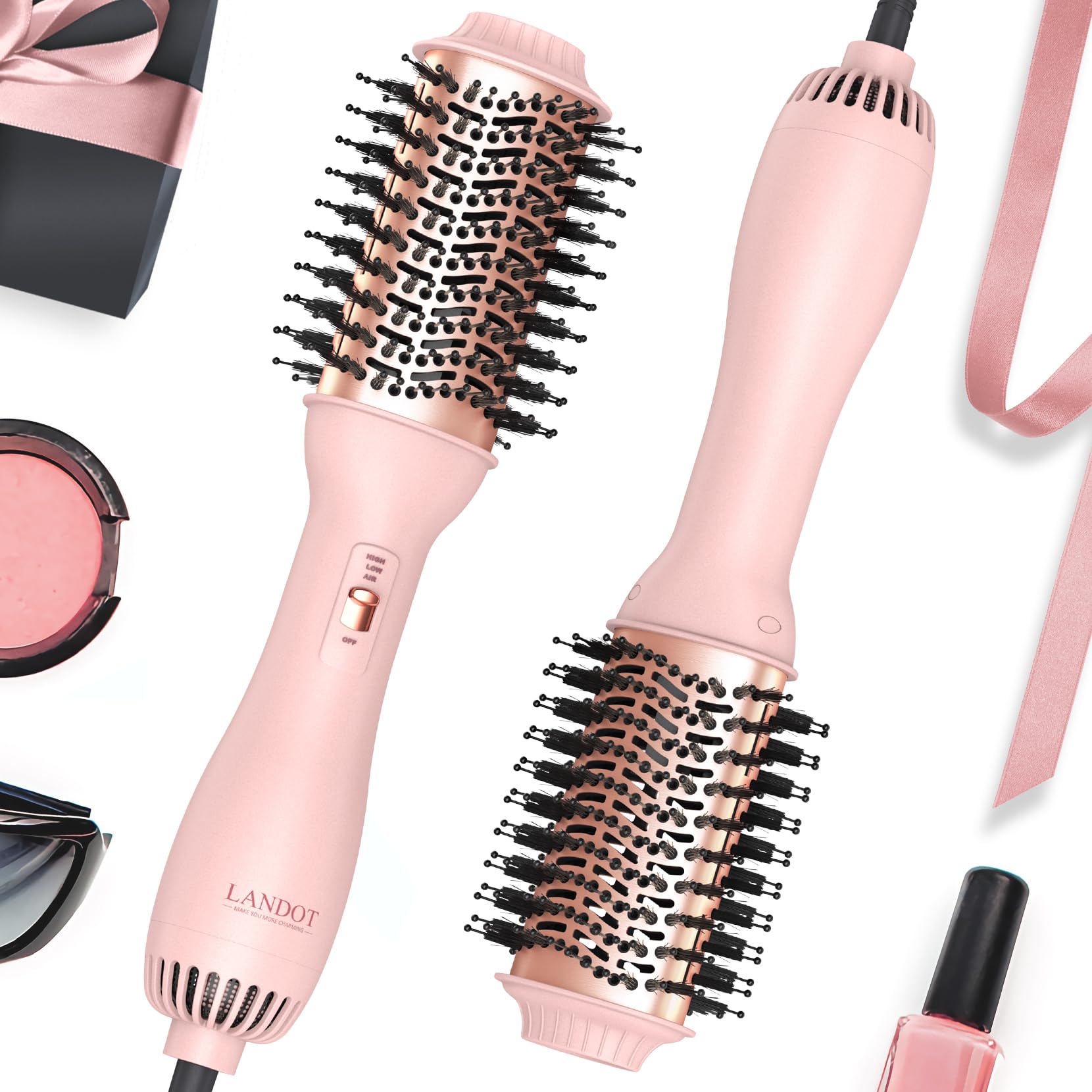 LANDOT One-Step Volumising Hair Dryer Blower Brush: Salon Hair Brushing - Heating Styling Brush For Drying, Smoothing, Volumising Styling - Ion And Ceramic Technologies, 1000 Watts,Pink