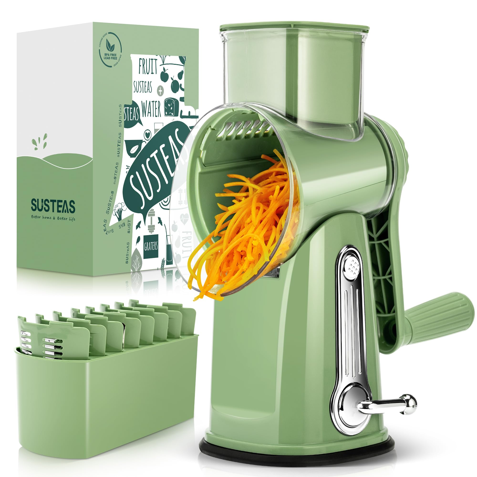 SUSTEASRotary Cheese Grater with Handle - Vegetable Shredder with 5 Well-designed Blades & Strong Suction Base,Round Mandoline Slicer & Food Chopper for Kitchen,with Blade Storage Box(Retro Green)