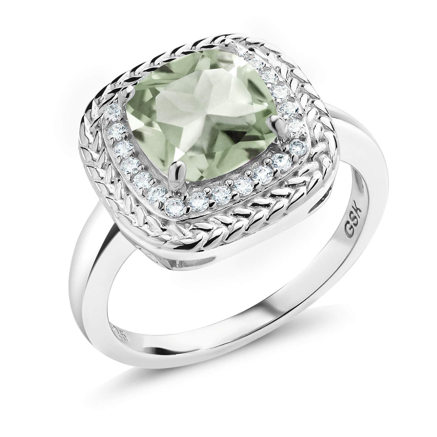 925 Sterling Silver Green Prasiolite Engagement Ring (2.05 Ct Cushion Cut Gemstone Birthstone)