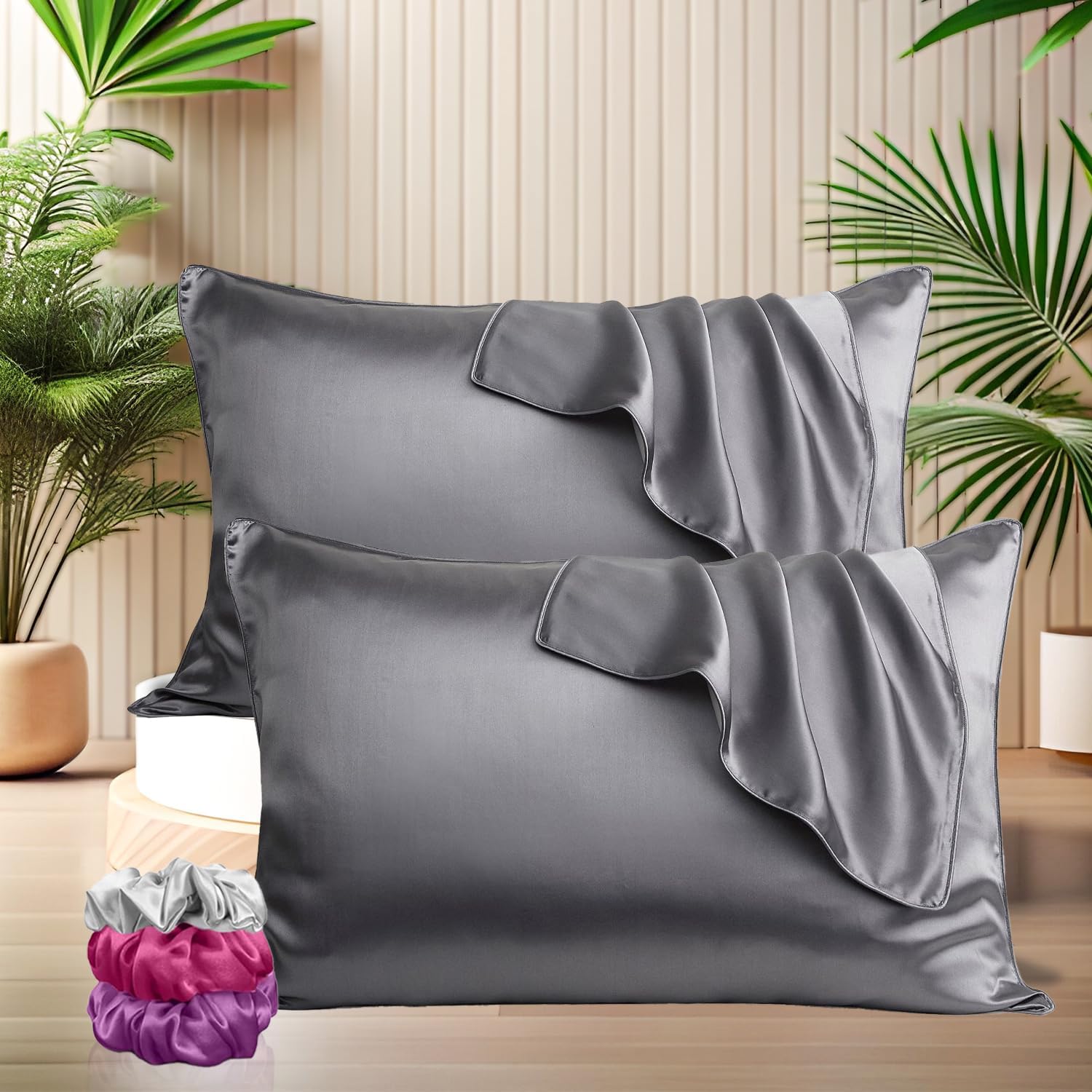 SITTELLA Set Of 2 Satin Silk Pillow Cover And 3 Free Scrunchies With Envelope Closure End And, Soft Case For Hair Skin (Greysolid, 600 Tc, 72 X 46 Cm)