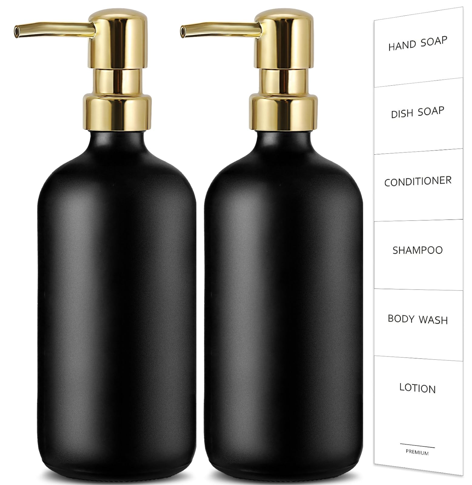 GMISUN Gold Soap Dispenser, 2 Pack Matte Black Glass Bathroom Hand Soap Dispenser with Rustproof Golden Pump, 16 Oz Kitchen Hand and Dish Soap Dispensers Set, Modern Liquid Soap Lotion Bottle