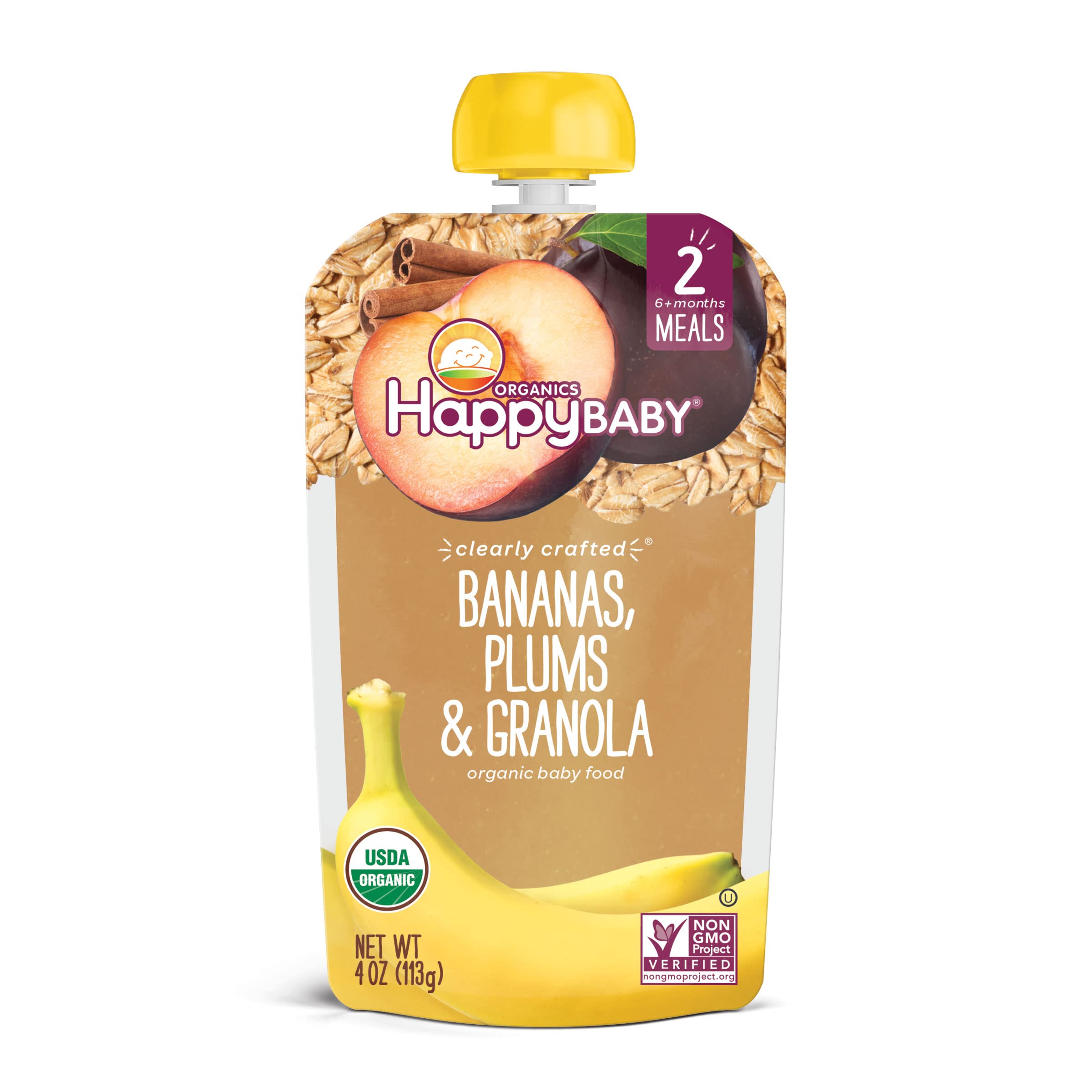 Happy FamilyOrganics Stage 2 Baby Food Contains Bananas Plums Granola Resealable Pouch Non GMO Gulten Free 113g, White, 1 Pack