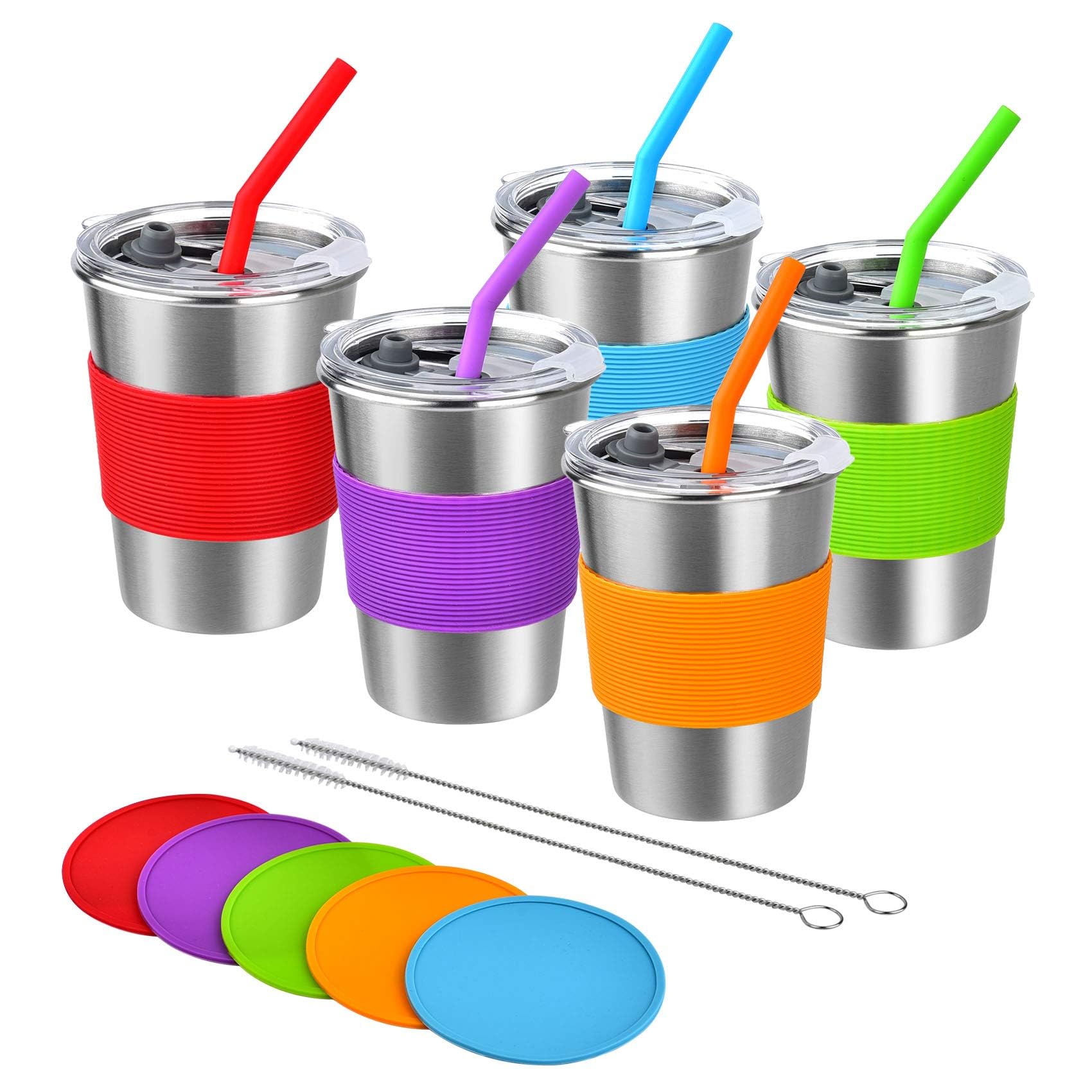 5 Pack Kids Cups with Straw and Lid Spill Proof 12oz Stainless Steel Drinking Tumbler with Coasters Unbreakable Water Glasses Bpa-Free Metal Sippy Mug for Toddler Children Adult Indoor Outdoor