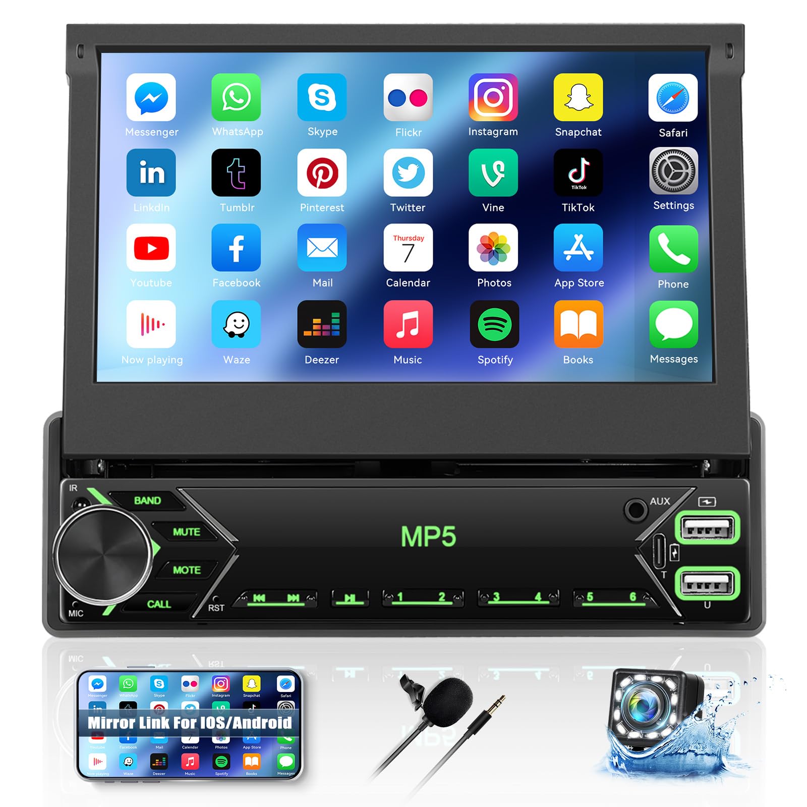 Single Din Touchscreen Car Stereo 7 Inch Flip Out Screen Car Radio in Dash Head Unit Support Bluetooth FM Radio Mirror Link Car Audio with USB/TF/AUX-in SWC +Backup Camera+Microphone