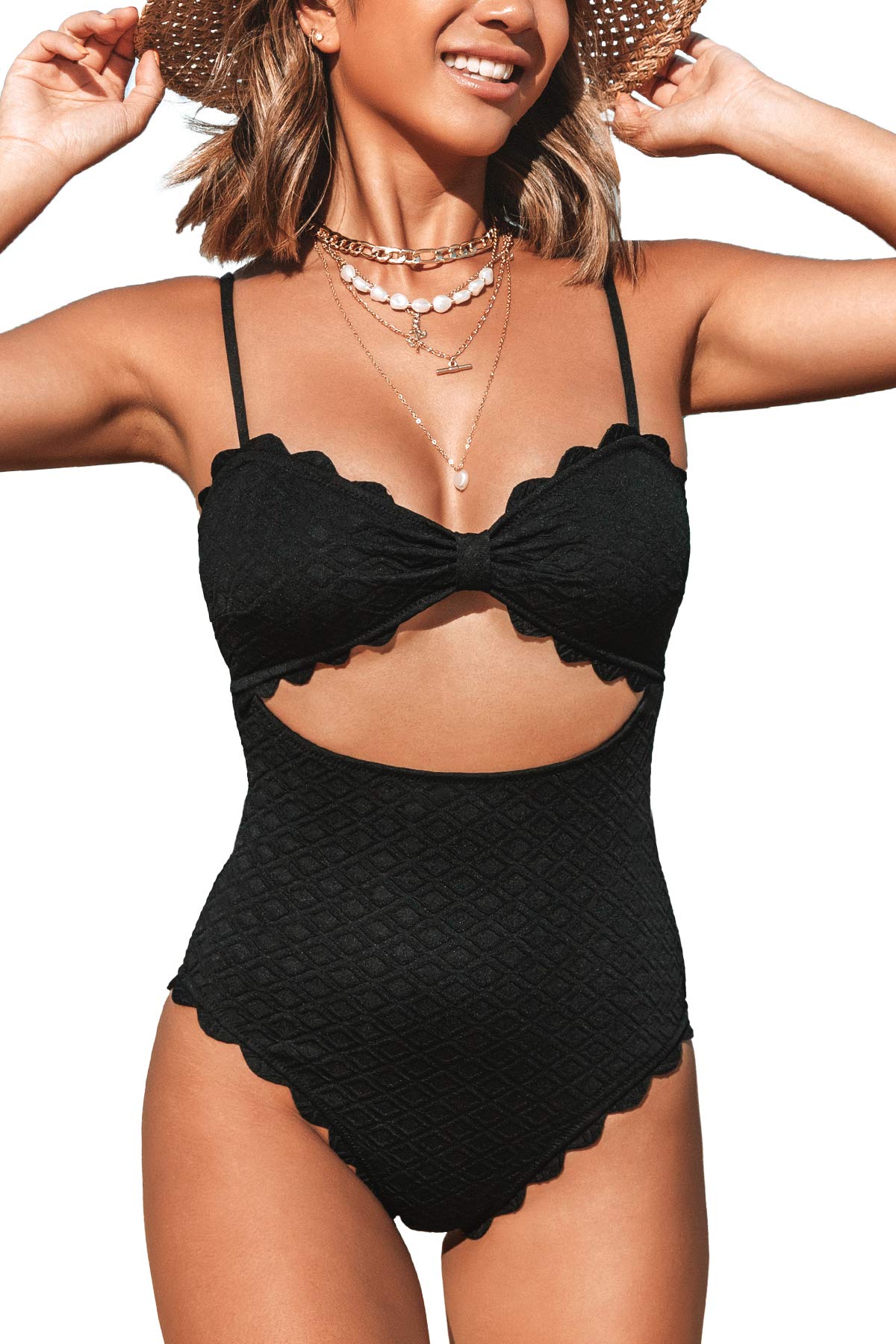 Women's One Piece Swimsuit Sexy Black Cutout Scallop Trim Bathing Suit