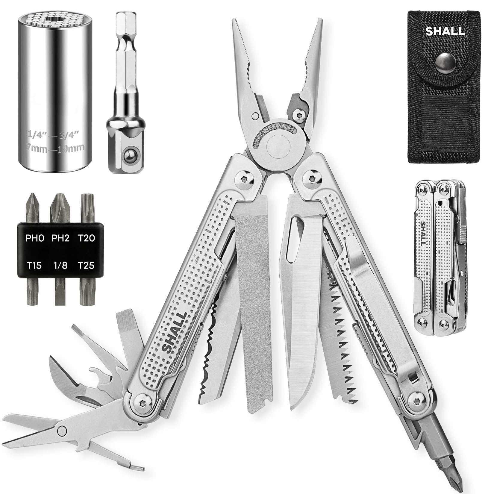 SHALL Multi Tool, 18-in-1 Multitool Pliers, Stainless Steel Multi-tool Pocket Knife w/Screwdriver Bit & Universal Socket, Self-locking Multipurpose Tool w/Sheath for Camping Fishing Survival Hunting