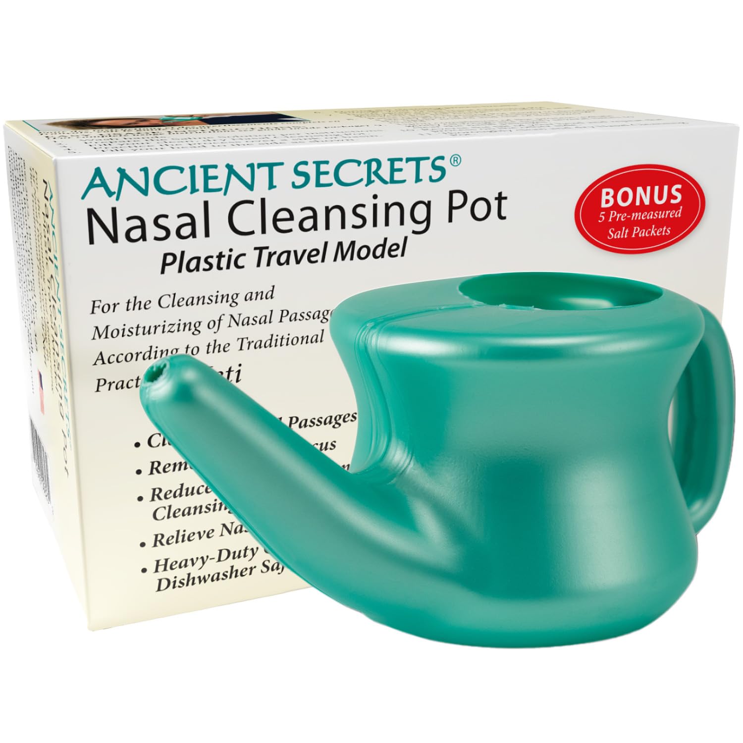 Ancient Secrets Neti Pot Sinus Rinse - Nasal Cleansing Pot, Plastic Travel Model, Nasal Irrigation, BPA-Free Neti Pot + 6 Pre-Measured Packs of Nasal Cleansing Salt