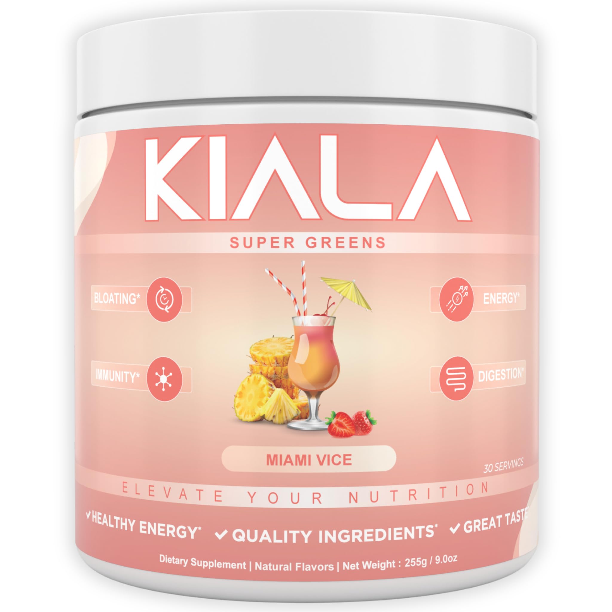 Kiala Nutrition Super Greens, Organic Greens Powder with Spirulina & Chlorella for Digestion, Gut Health, Immunity & Energy, Gluten Free, Vegan, Daily Support for Women, Miami Vice Flavor, 30 Servings