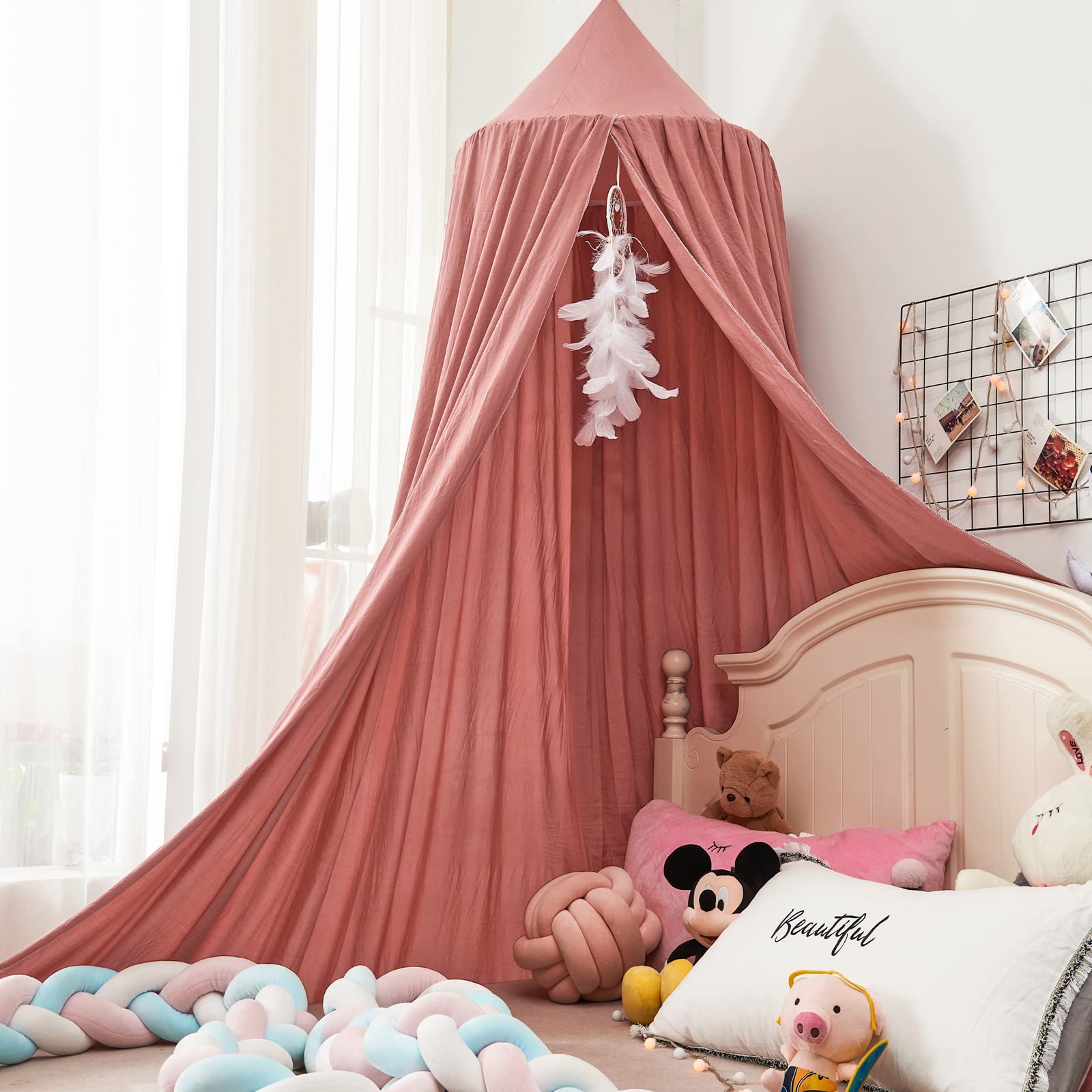 Kertnic Bed Canopy for Girls, Soft Pink Princess Canopy Dreamy Decor Frills Bed Canopies for Kids Room, Hanging Canopy Bedding Drapes Toddler Reading Nook Play Tent (Red Bean)