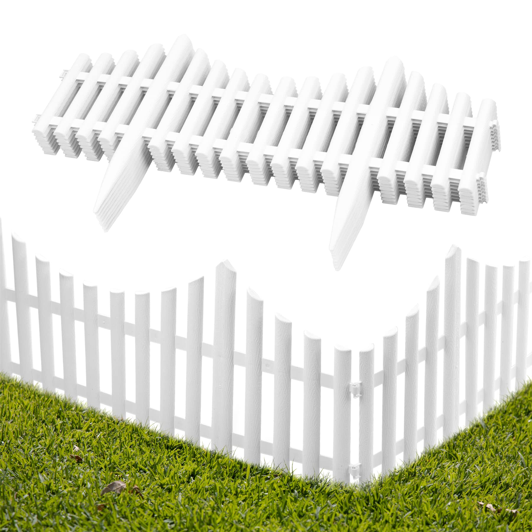 KCT 1 Pack White Picket Fence Garden Border –Interlocking Flexible Lawn Plant Flowerbed Panels – 8 Pieces Total