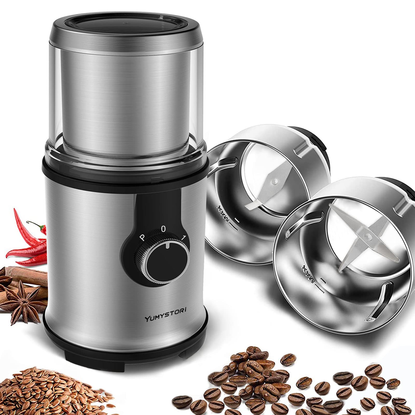 Coffee Grinder Electric, Yumystori Spice Grinder with 2 Stainless Steel Removable Bowls, 110g Dry & Wet Grinder for Coffee Beans, Herbs, Nuts, Pepper, Grain