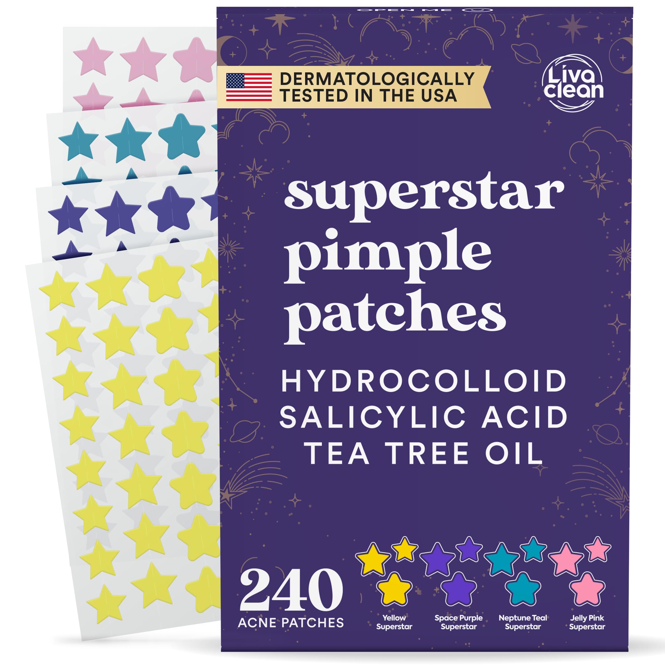 LivaCleanStar Pimple Patches for Face w/Hydrocolloid, Salicylic Acid & Tea Tree | 240 Patches | Hydrocolloid Acne Patches, Cute Star Pimple Patches for Healing Stickers Zit Patch Superstar