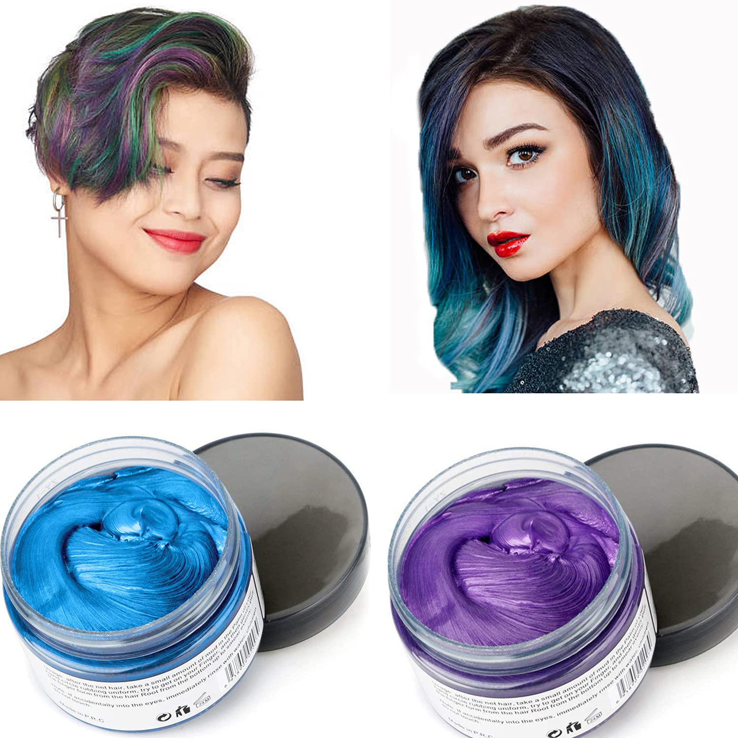 2 Colors Hair Color WAX 4.23 oz, Purple Blue Instant Hair Dye Wax, Natural Temporary Hair Color for Men and Women, Party, Daily Use, Cosplay