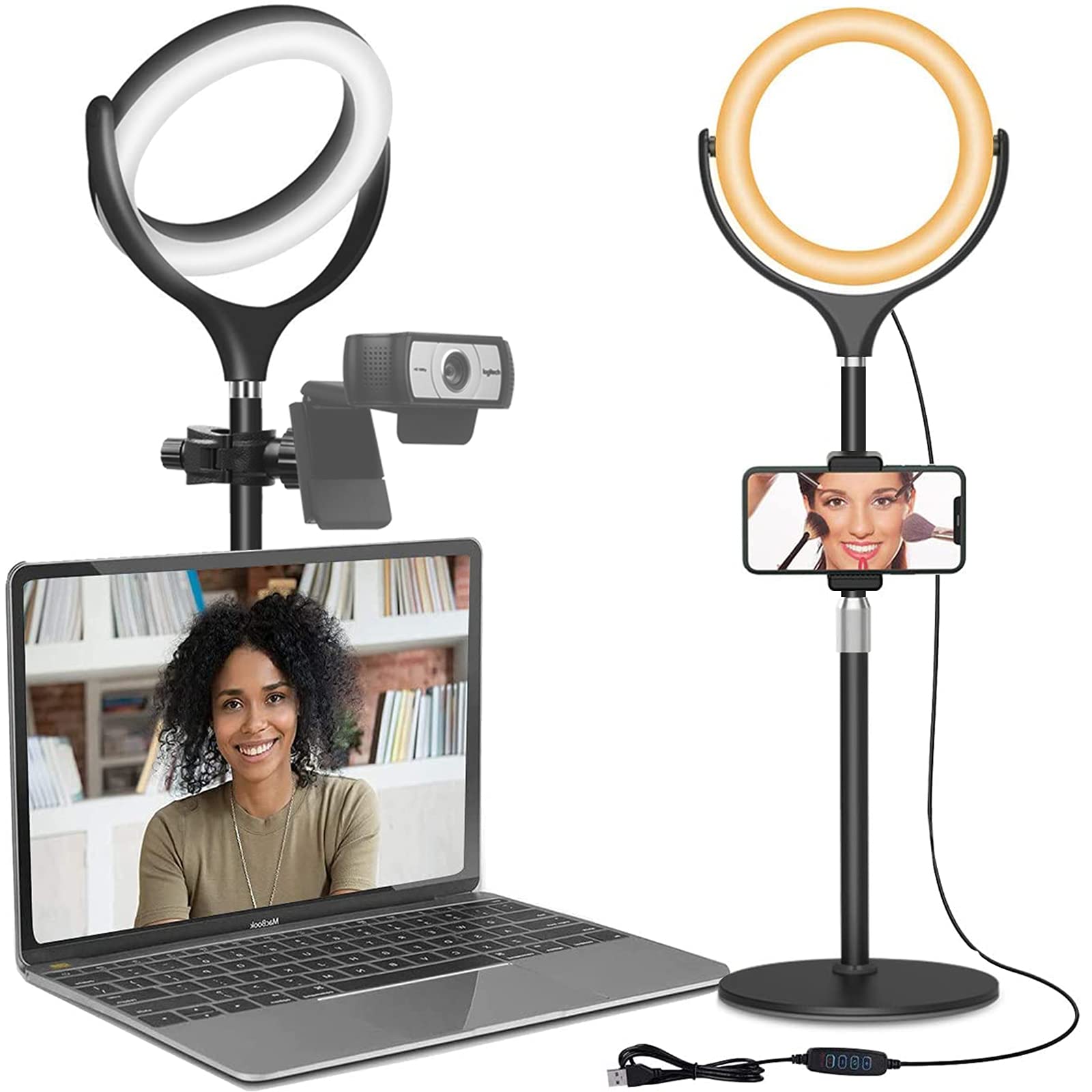 Zoom Light for Computer, Adjustable Desk Ring Light for Video Calls, Circle Light with Stand and Phone Holder, Video Conference Light for Laptop Virtual Meeting, Video Recording, Live Stream, Podcast