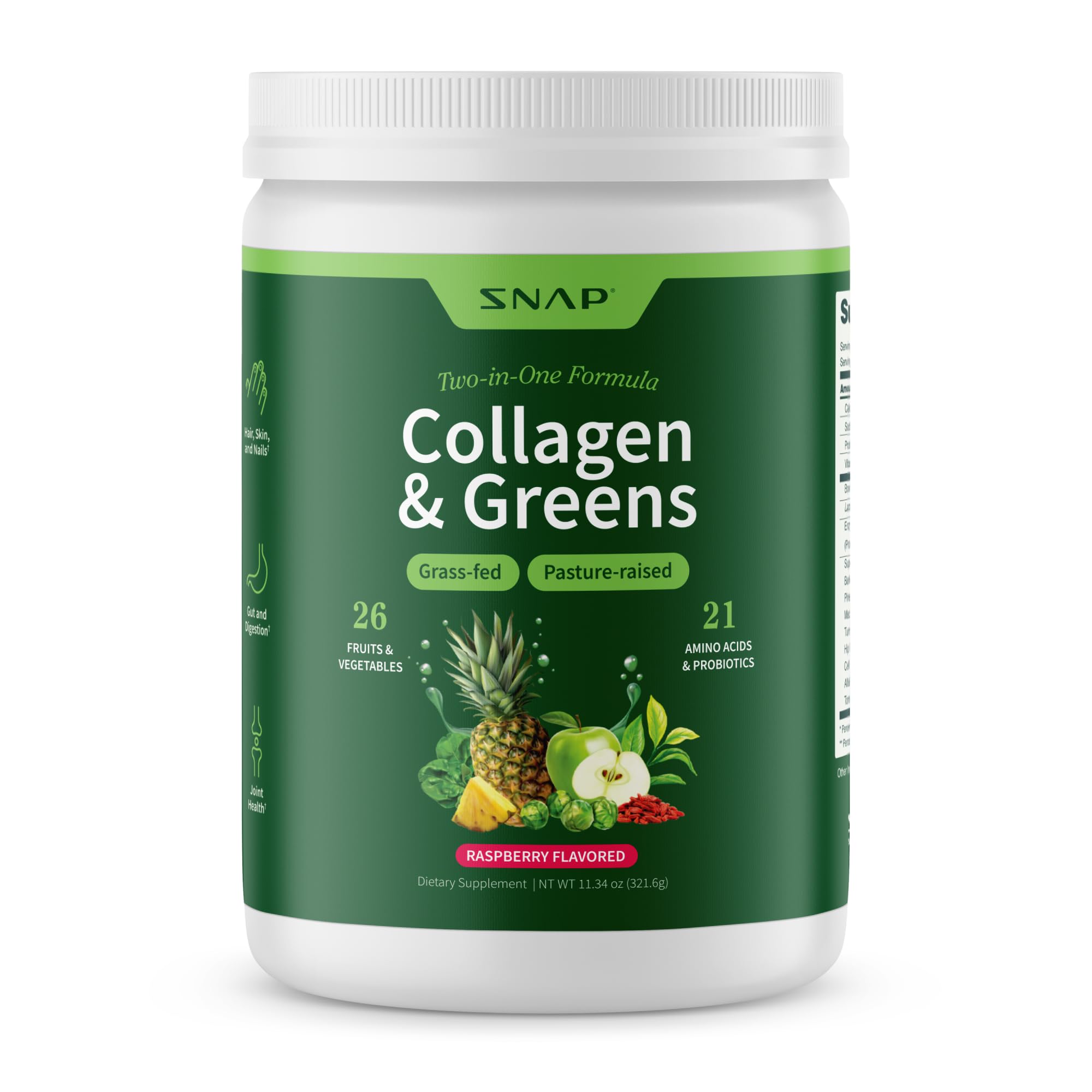 Snap Supplements - Super Greens Supplement Powder with Collagen Peptides | 26 Super foods + Vitamins | Grass Fed, Non-GMO Greens Super food Powder for Hair, Skin, Nails & Joint Support | 30 Servings