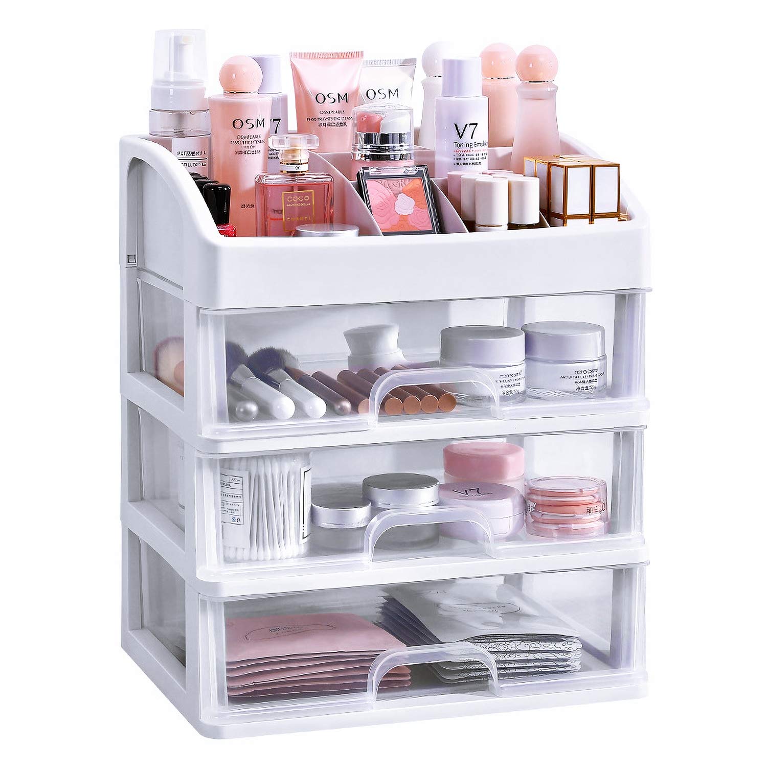 SimbuyMakeup Organizer with 3 Drawers, Bathroom Vanity Countertop Storage for Cosmetics, Brushes, Lotion, Nail Lipstick and Jewelry (White)