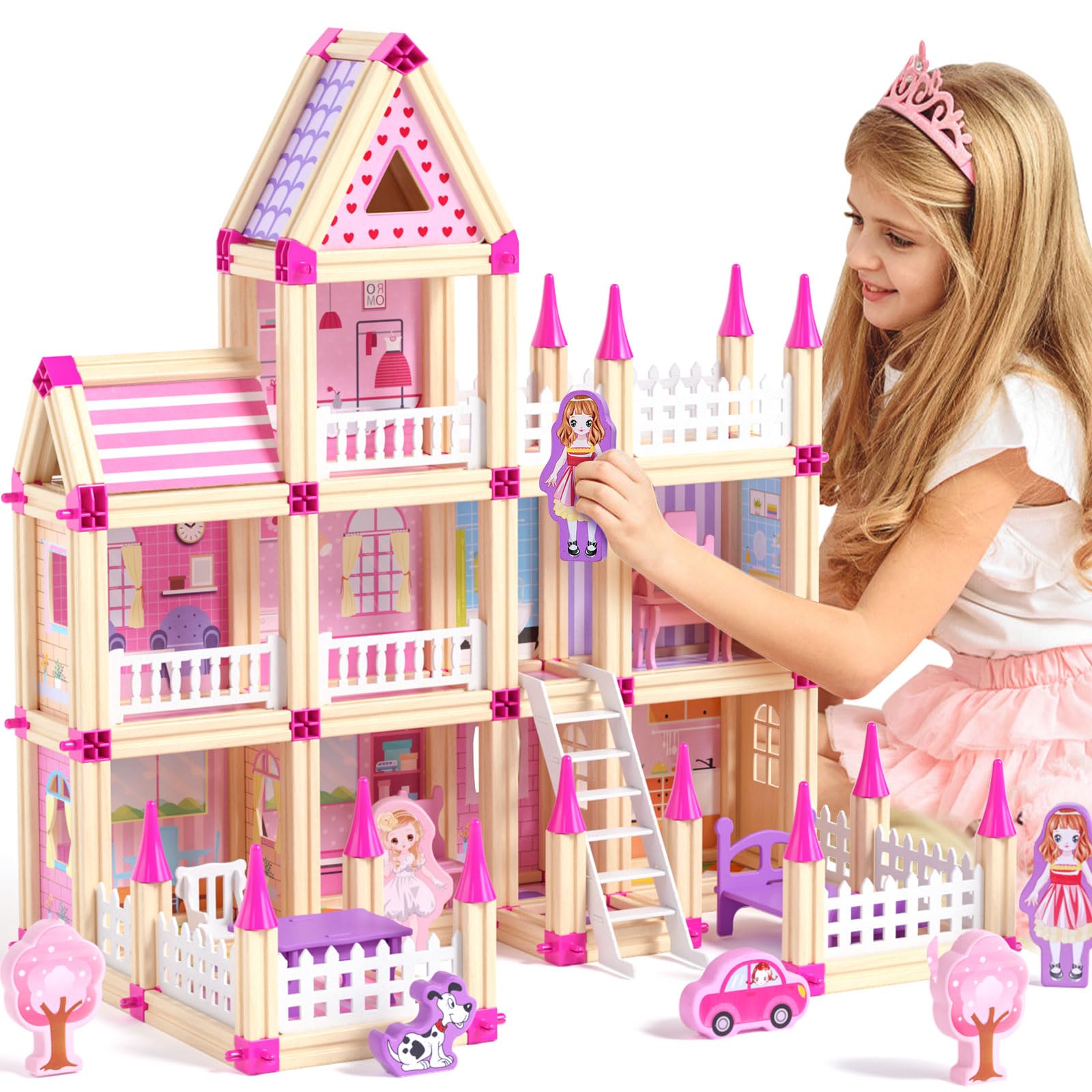 Wooden Doll House Furniture and Accessories Set DIY Playhouse, 298PCS Pink Dollhouse Kit Wooden Toys for Kids 6 7 8 9 10 11 12 Year Old, Christmas, Birthday Gifts for Girls 8-10, 10-12