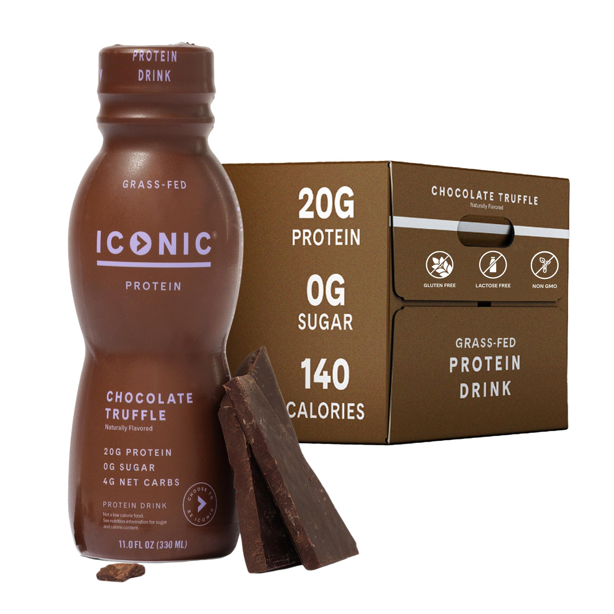 Iconic Protein Drinks, Chocolate Truffle (12 Pack) - Sugar Free & Low Carb - 20g Grass Fed Protein - Lactose Free, Gluten Free, Non-GMO, Kosher - Keto Friendly Protein Shakes