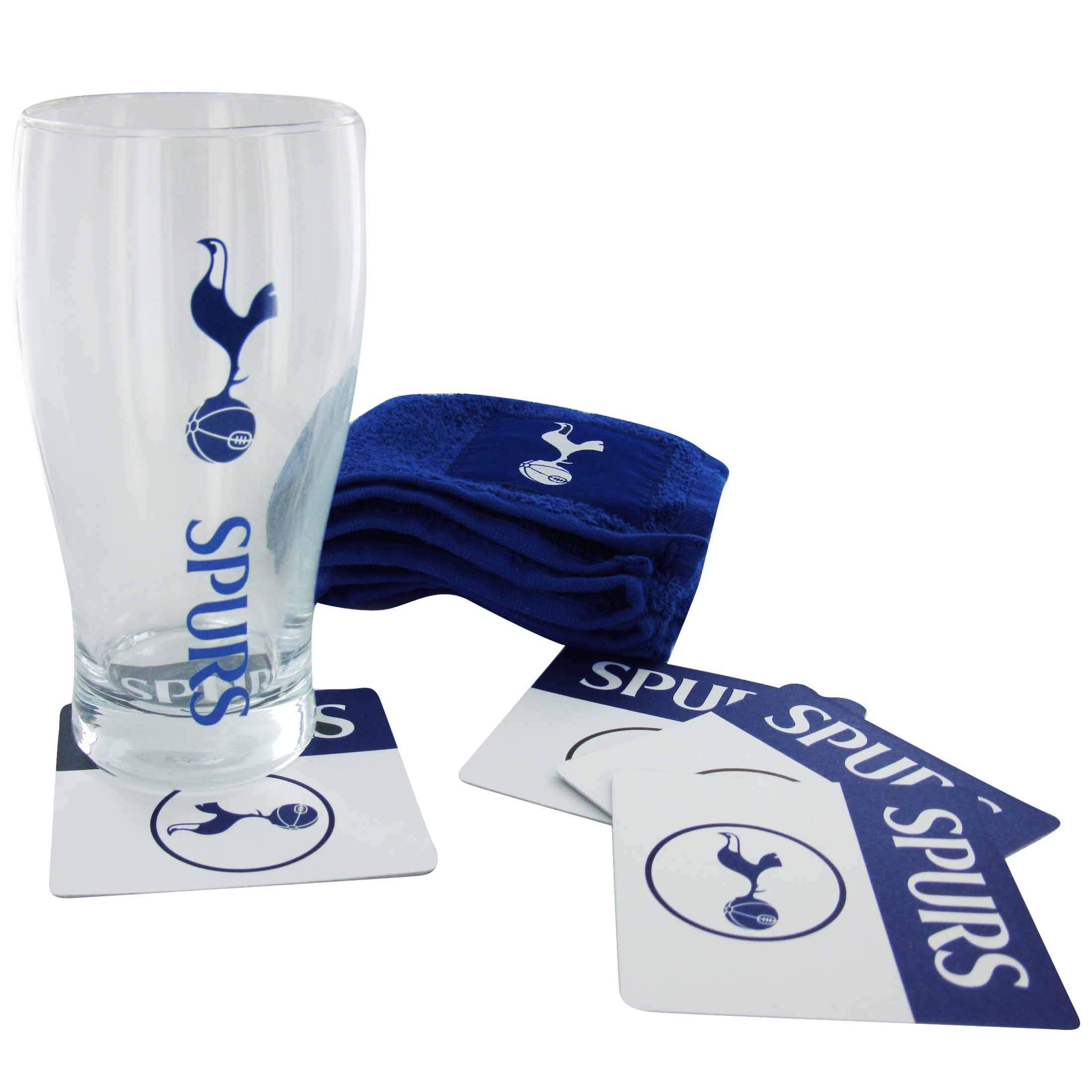 Official Tottenham Football Crest Pint Glass Mini Bar Set With Pint Glass, Coasters & Bar Towel