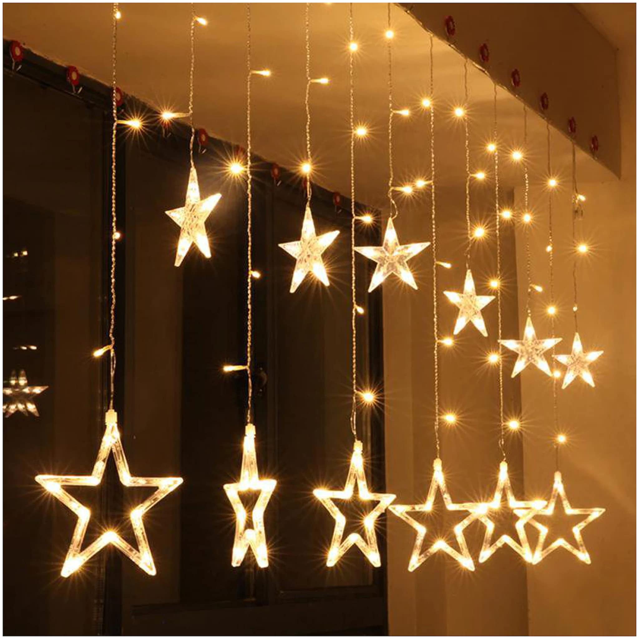 The Purple Tree Decorative Star Curtain LED Lights for Diwali (2.5 mtr, 138 LED, 6+6 Star), Curtain String Lights with 8 Flashing Modes, Decoration for Christmas, Wedding, Party, Warm White