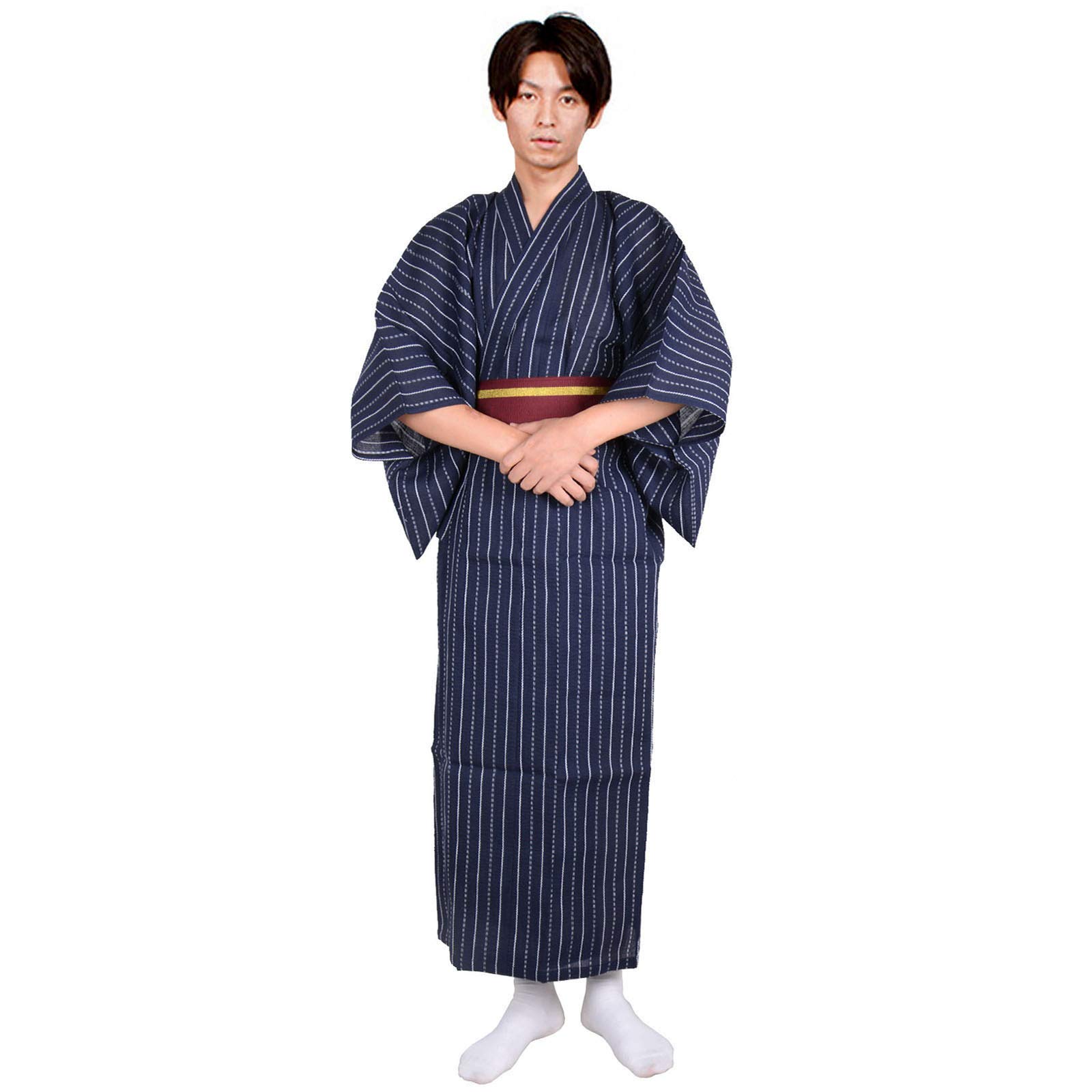 GenericMen's Japanese Traditional Kimono Robe Wide Sleeve Spa House Bathrobe Yukata Sleepwear Nightgown with Obi Belt Set