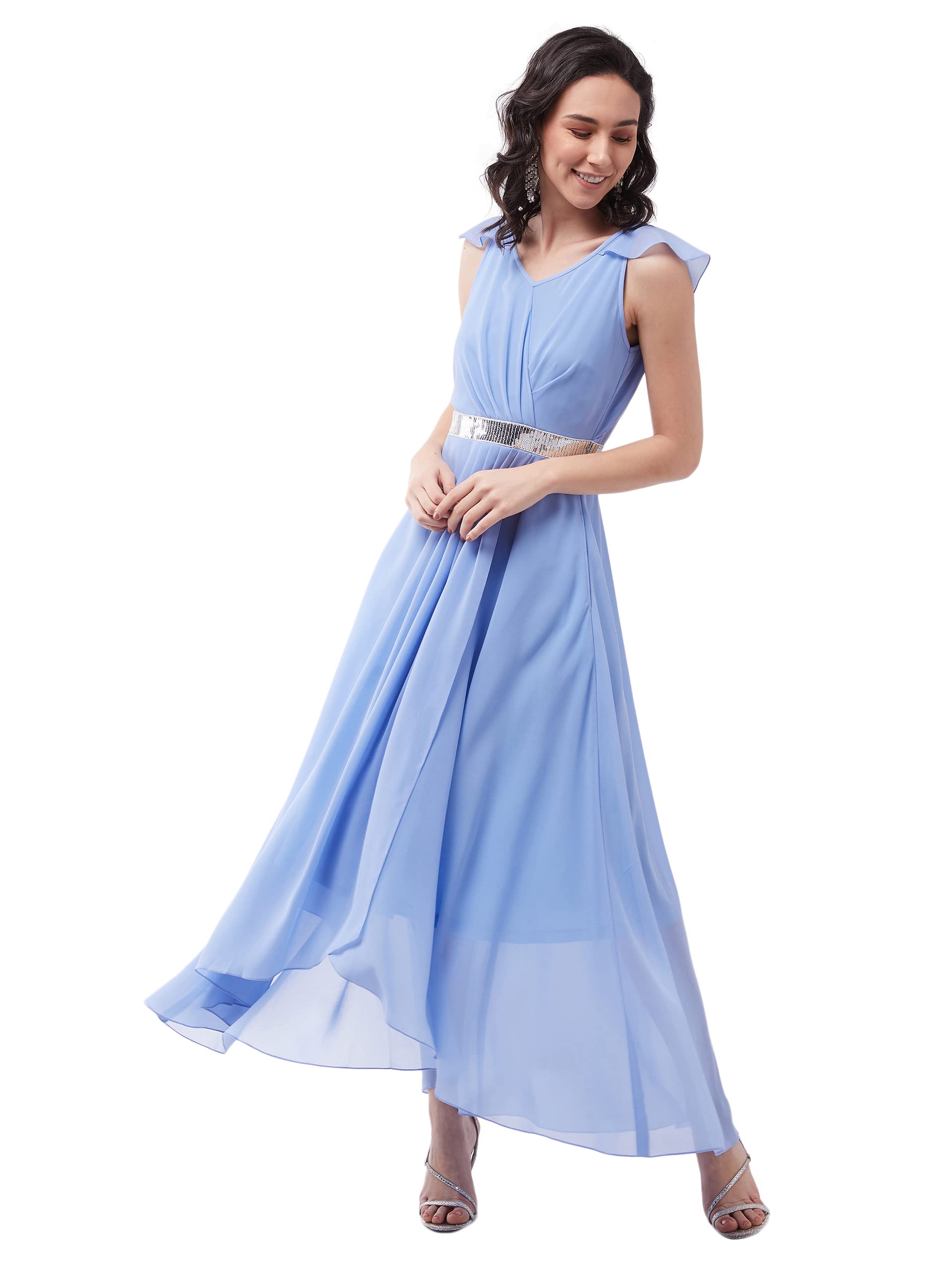 Miss Chase Women's Powder Blue V-Neck Ruffled Sleeve Solid Embellished Maxi Dress