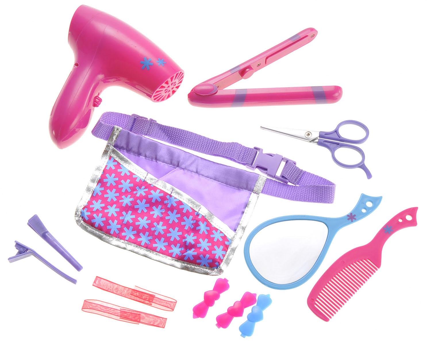 ABABY.COM Hair Stylist Fashion Pretend Play Set with Toy Blow Dryer, Curler, Scissors, Comb, Mirror and Display Pouch