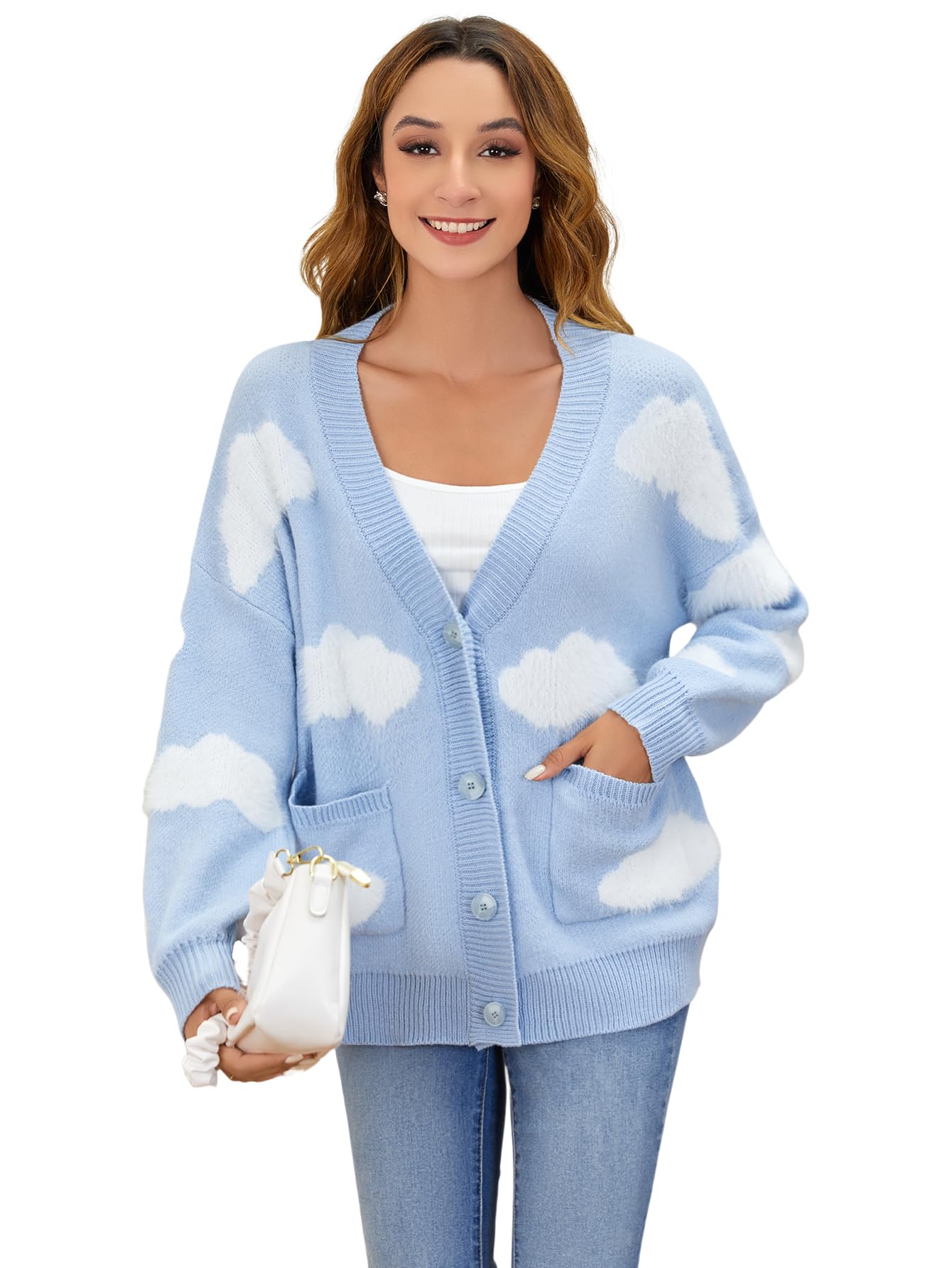 SOLY HUXWomen's Button Down V Neck Long Sleeve Cloud Open Front Knit Cardigan Sweater