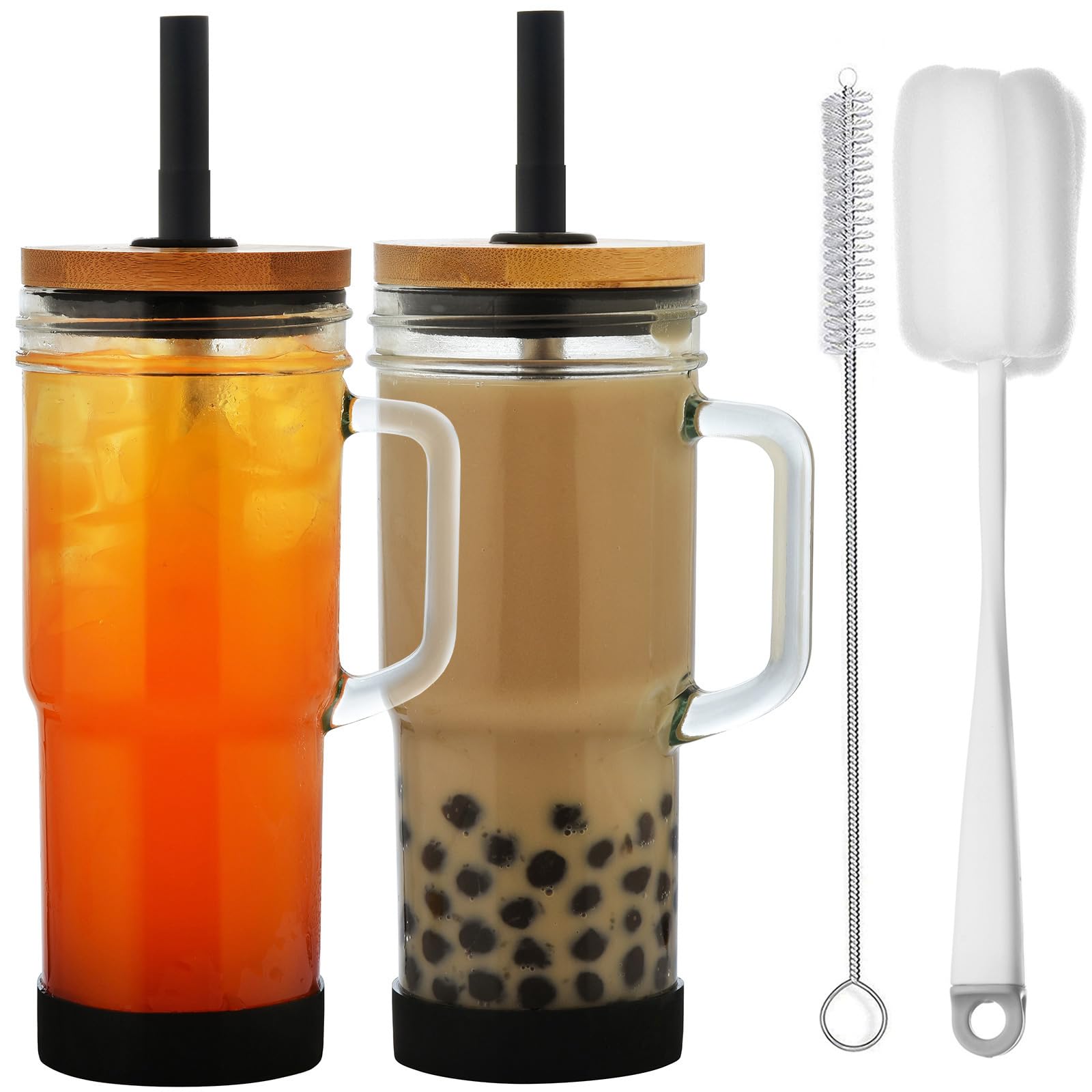 ALINK Glass Cups with Lids and Straws, 24 oz Mason Jar Drinking Glasses Tumbler with Handle, Silicone Boot, Tips, Brush, Reusable Iced Coffee Cups, Boba Tea Smoothie Cups - 2 Black